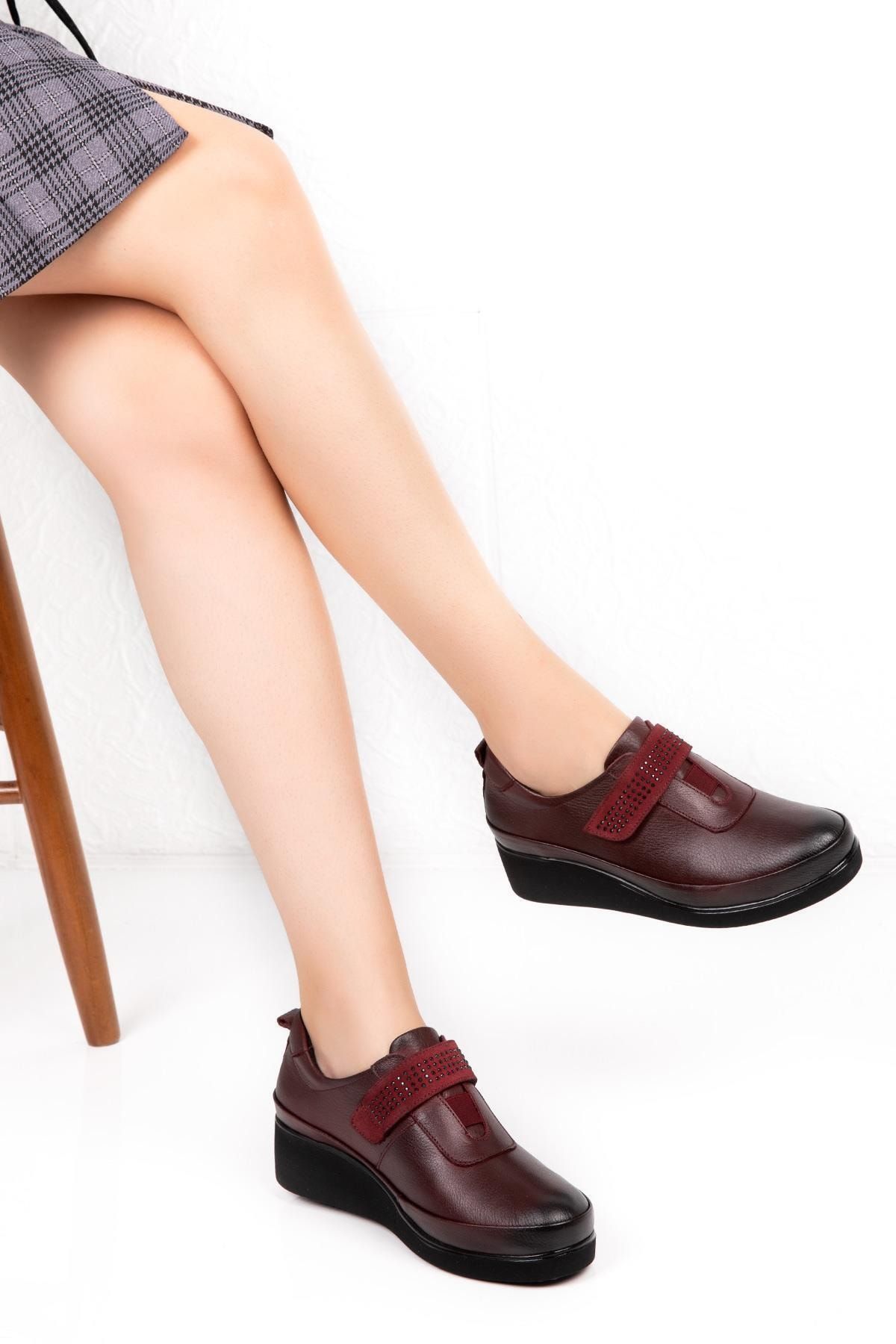 Bellacomfort Shoes Hakiki Deri Kadın Günlük Ortopedik Ayakkabı-bordo N026