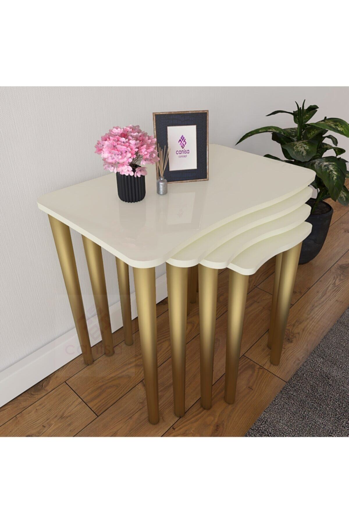 Canisa Concept Kuğu Serisi 4 Lü Zigon Sehpa Takımı Mdf Ve Lake Boyalı - Krem/ Gold