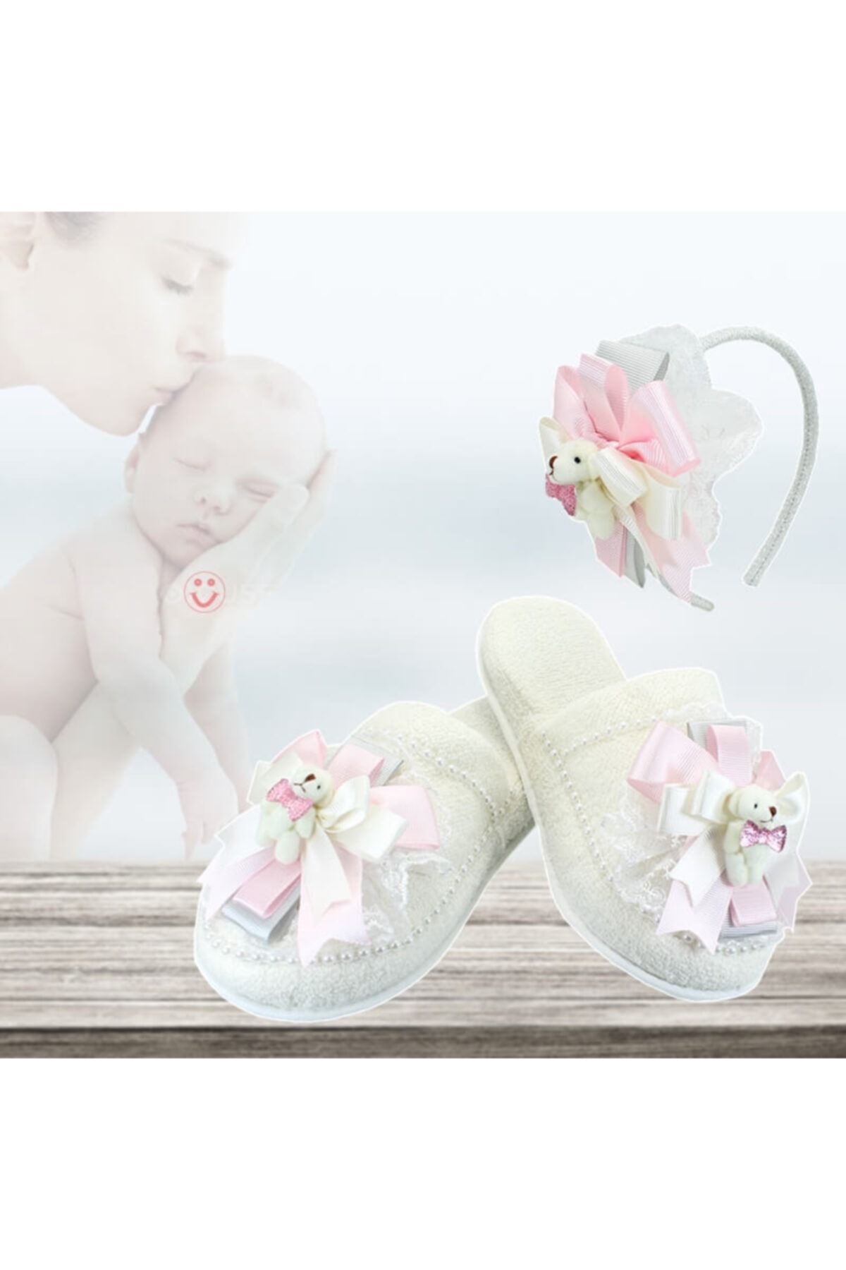 Süsle Baby Party Lohusa Terlik Ve Taç Seti, Ayıcıklı Pembe