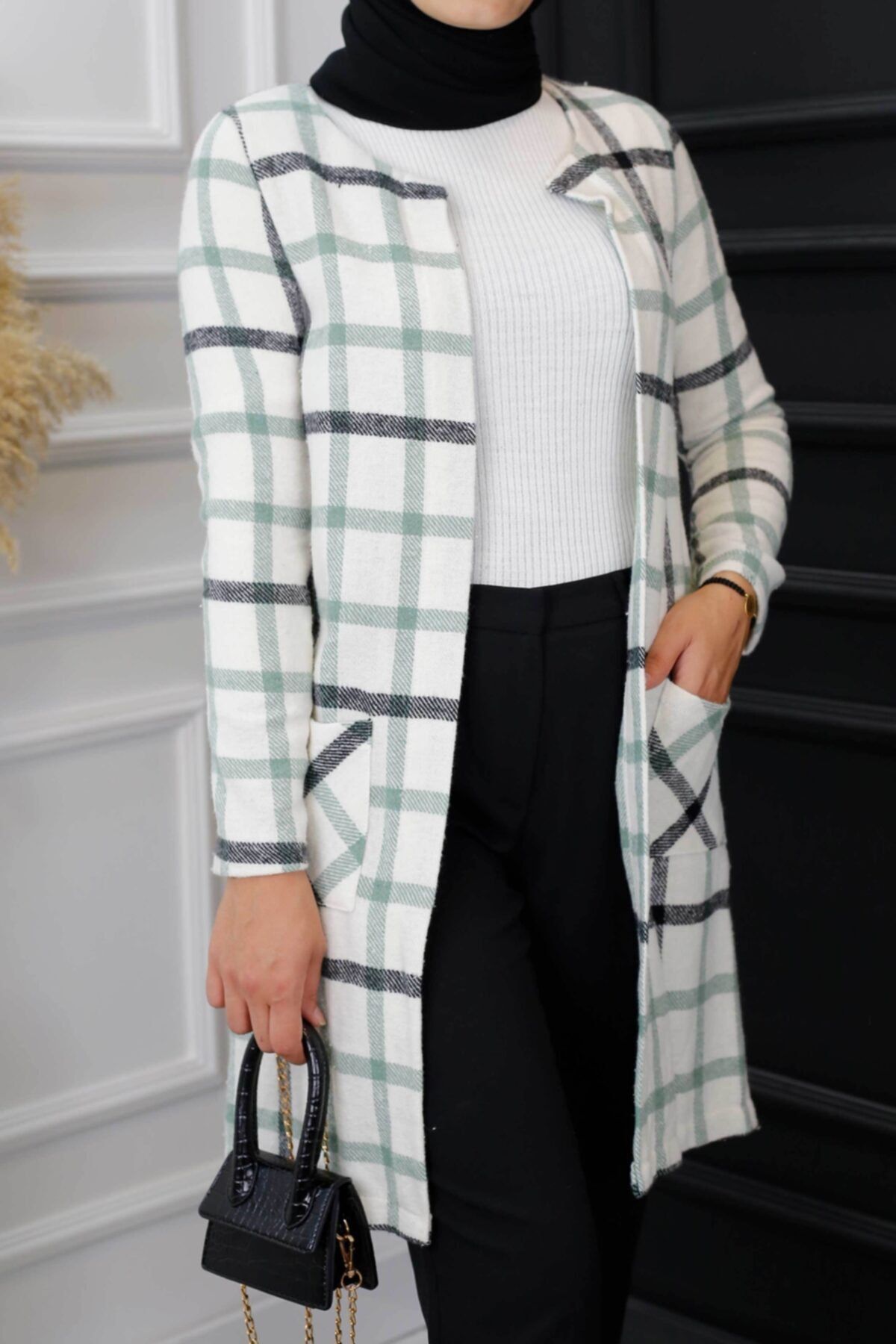 İmajButik Ekose Kaşe Ceket-beyaz