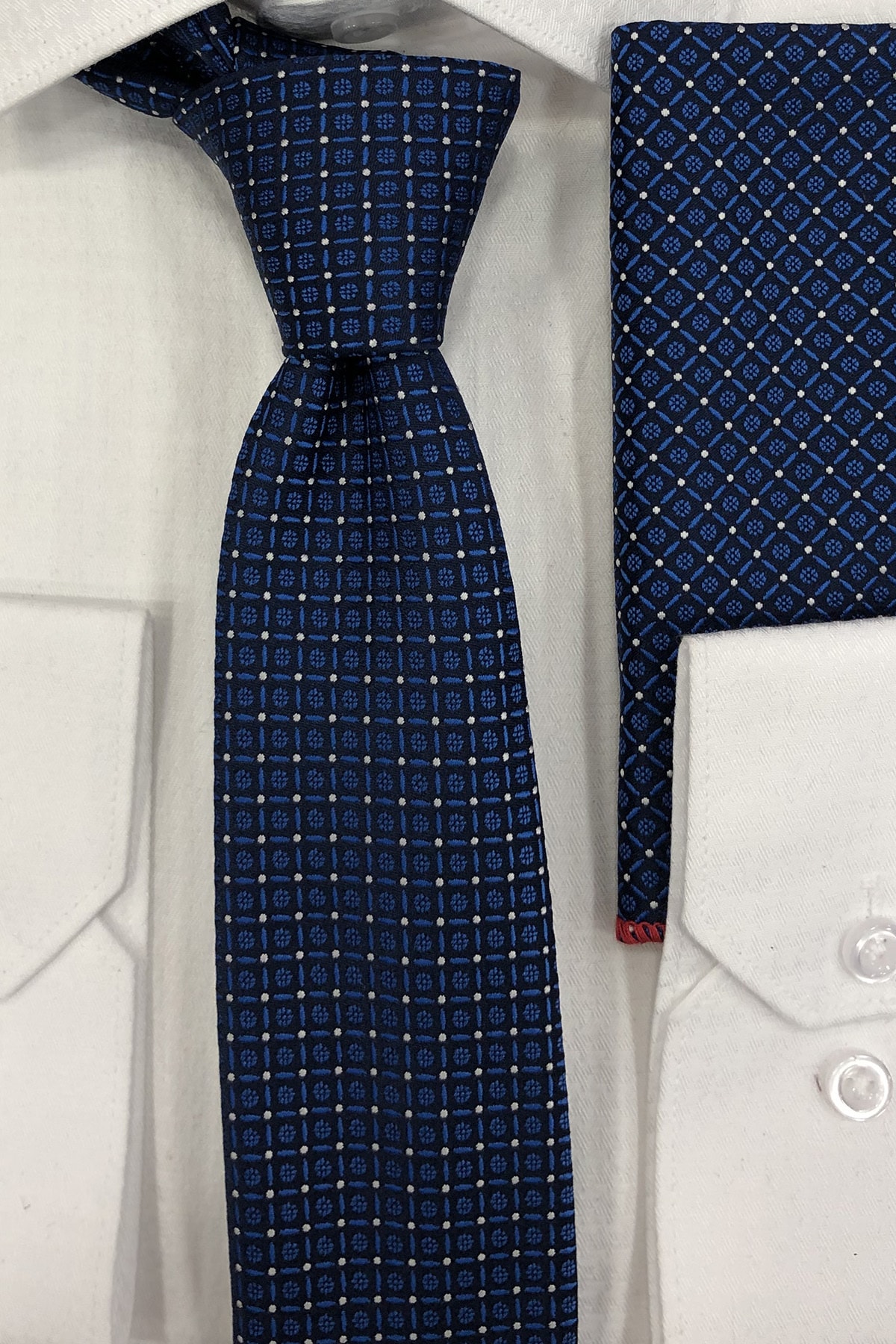 Quesste Accessory Quesste Erkek Açık Lacivert Desenli Ince Kravat Mendil Set