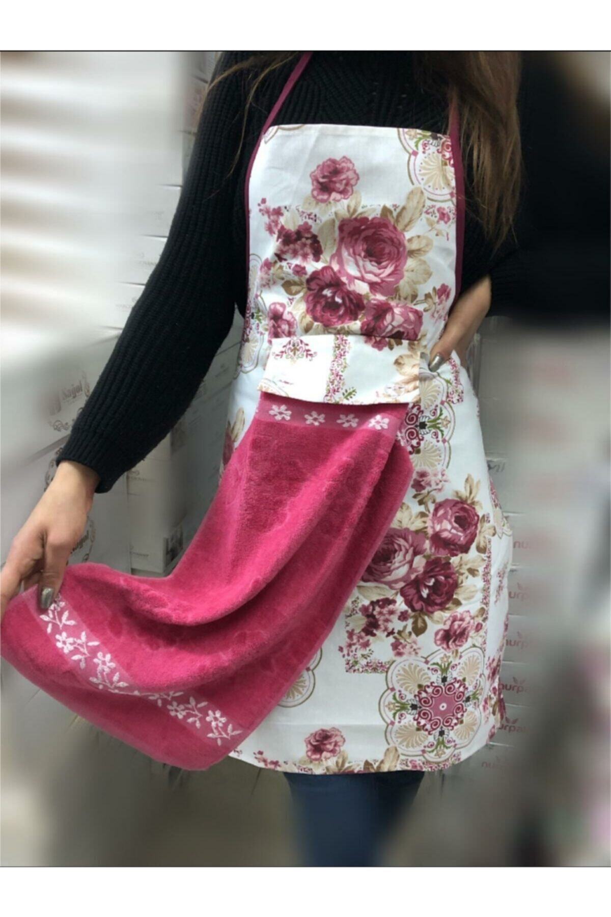 Madame Clean Home Havlulu Çiçek Desen Leke Tutmaz Mutfak Önlüğü Mürdüm Renk