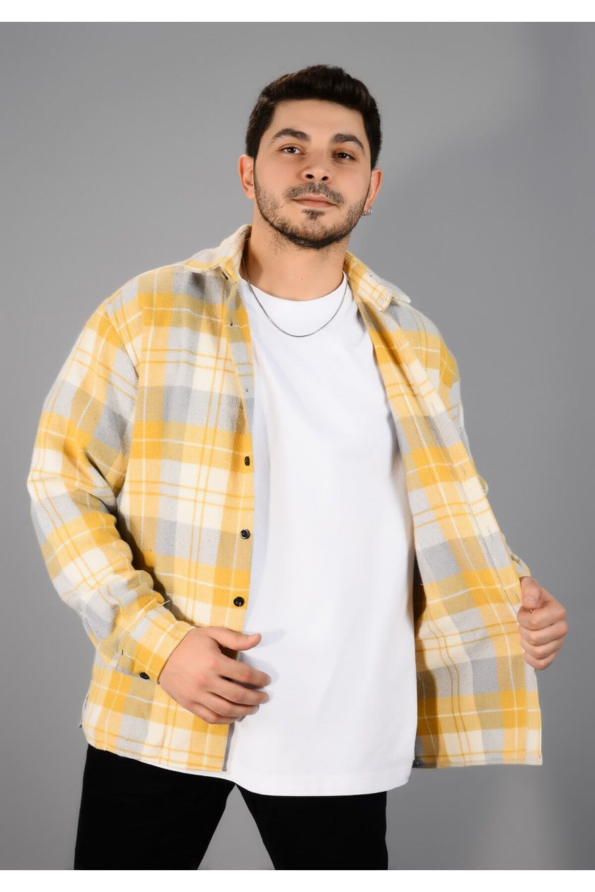E&E Design Collection Sarı Ekoseli Oversize Oduncu Gömleği