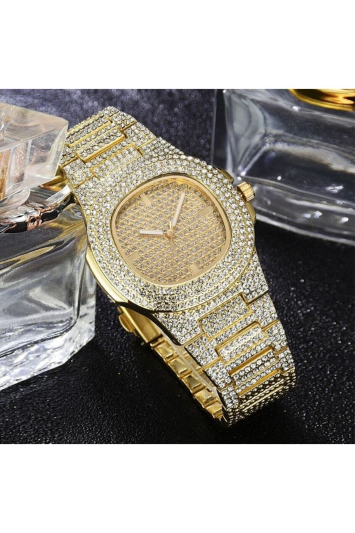 THE RİCHEST Kadın Gold Taşlı Parlak Kuvars Kol Saati