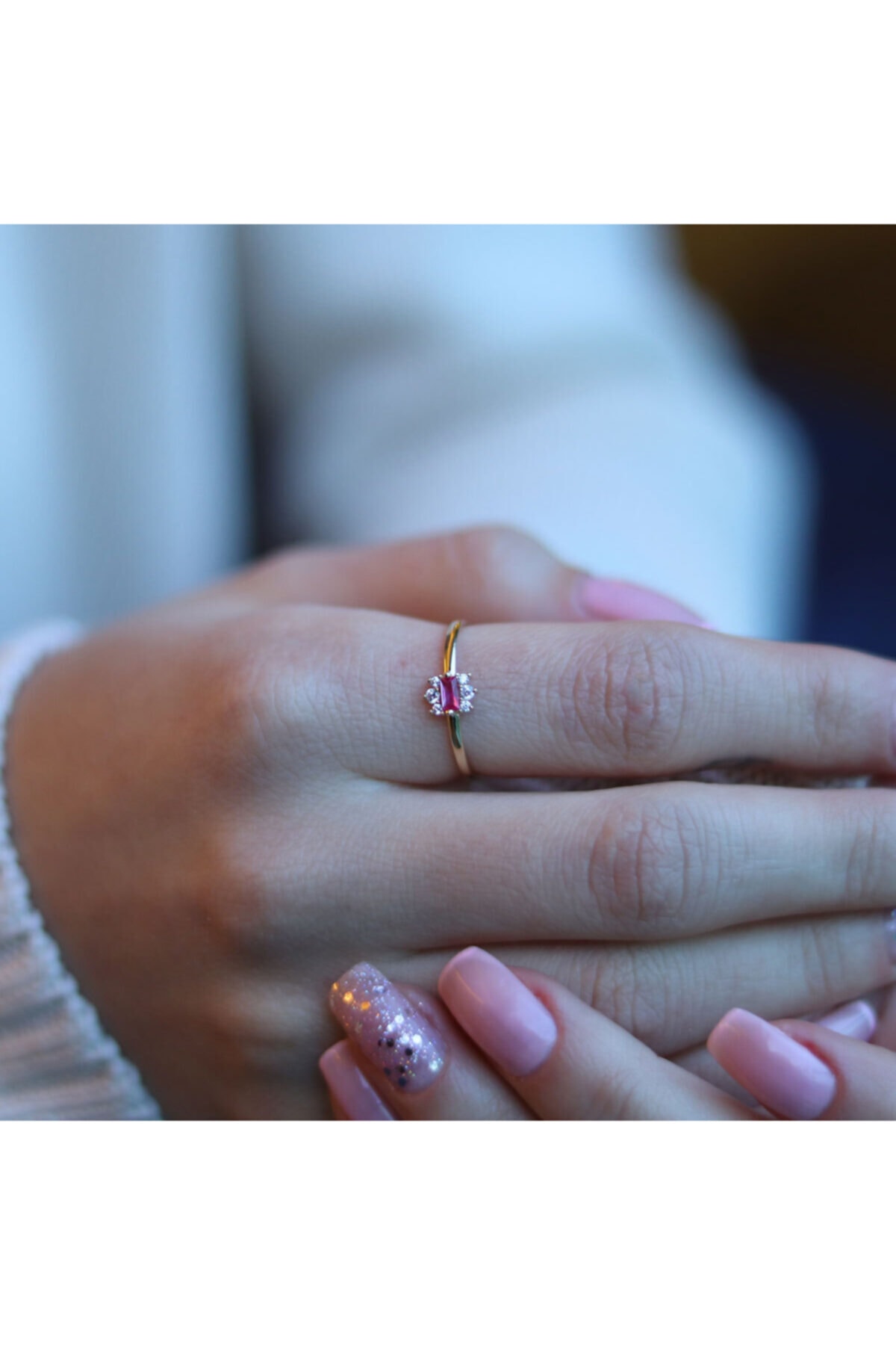 Değerli Kuyumculuk Pembe Taşlı Minimal Yüzük