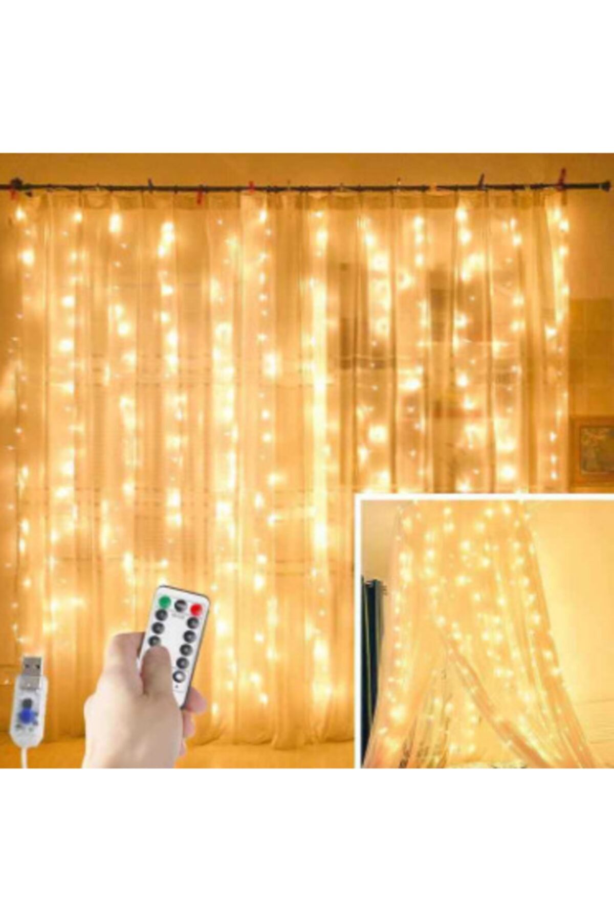 ERDEM KIRTASİYE DEKORASYON Peri Telli Perde Led Işık Kumandalı 300 Ledli 300 Cm X 300 Cm Usb'li 8 Animasyonlu