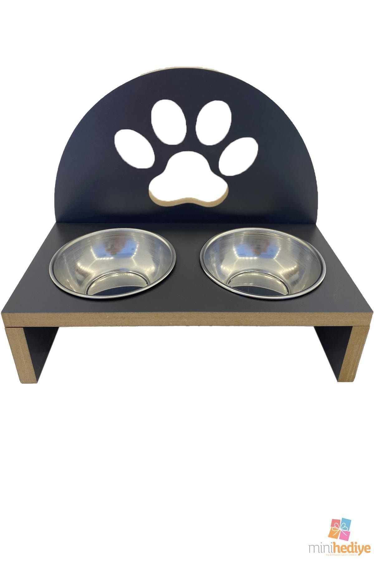 MiniHediye Pati Tasarımlı Ahşap Kedi Köpek Mama Su Kabı Gri 18 Mm Mdf