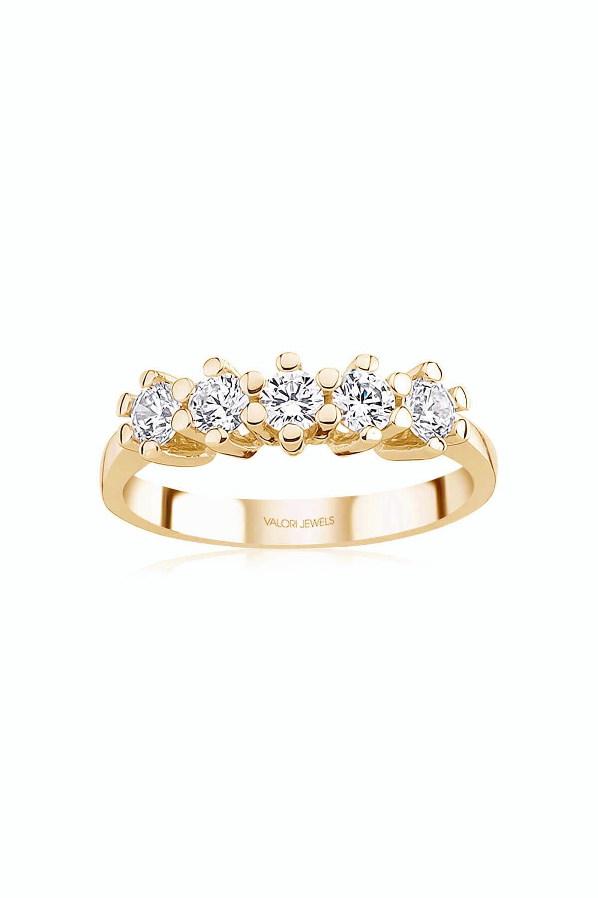 Valori Jewels Altı Tırnak Montür, 1 Karat Swarovski Zirkon Taşlı, Altın Rengi Gümüş Beştaş Yüzük