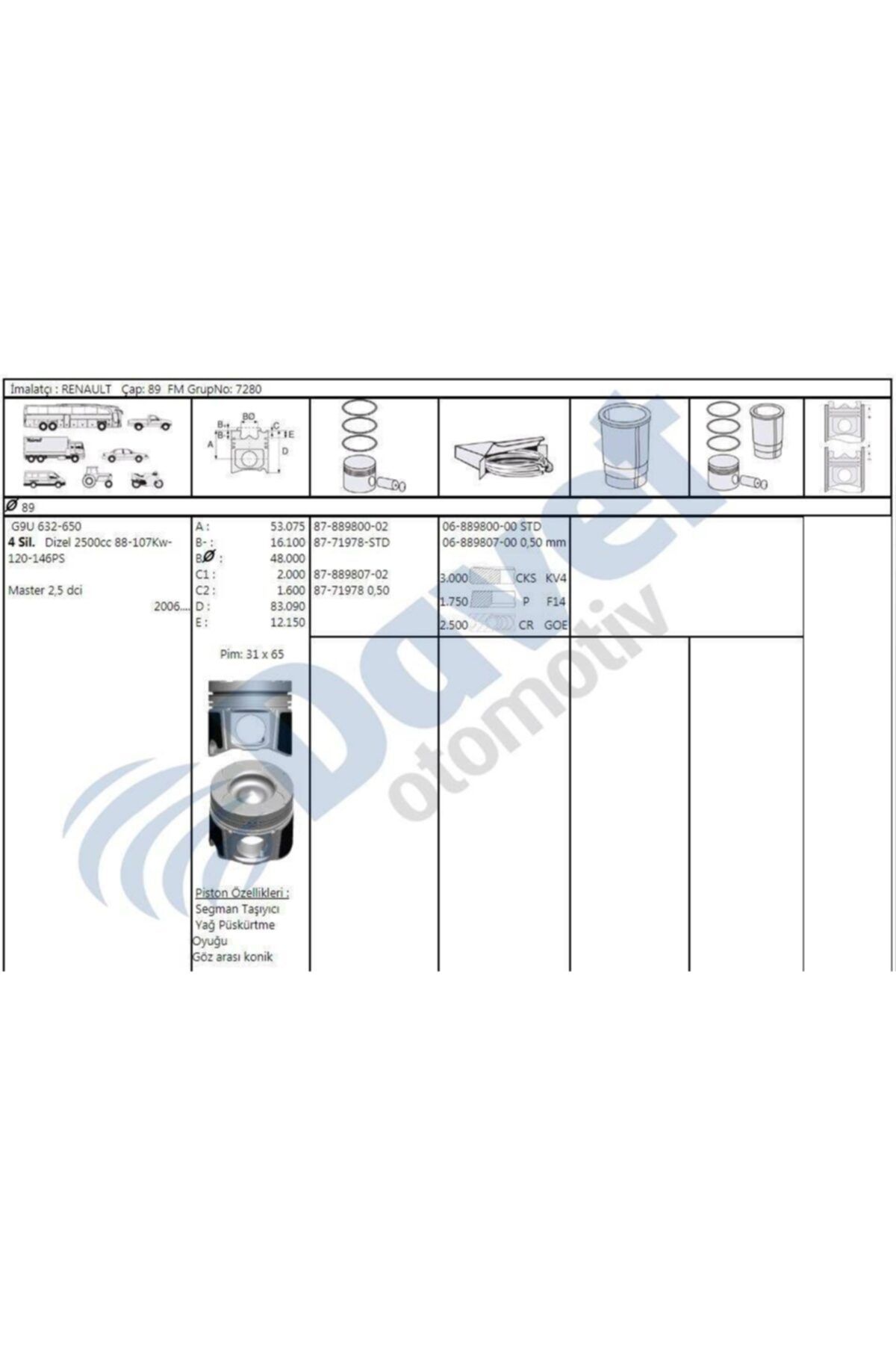 GOETZE Motor Segmanı Master 2,5dcı 06-  Movano 2,5cdtı 06-  G9u 632/650