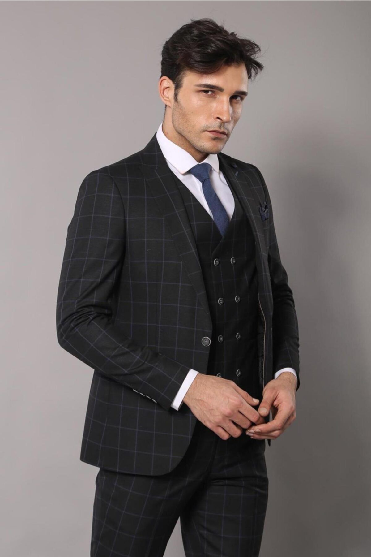 Wessi Erkek Siyah Ekose Desenli Keten Slim Fit Takım Elbise
