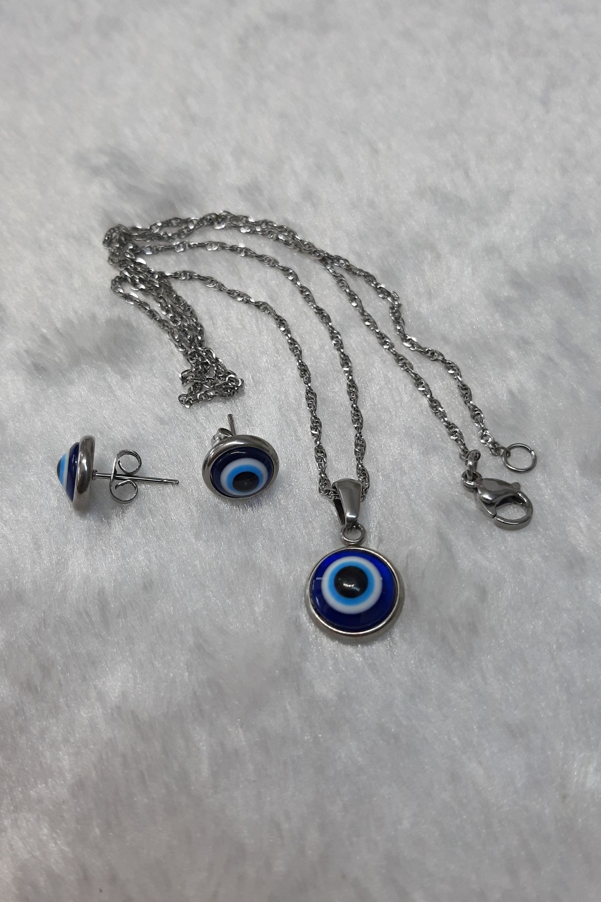 Palmiero Nazar Bocuklu Çelik Küpe Kolye Ucu Set