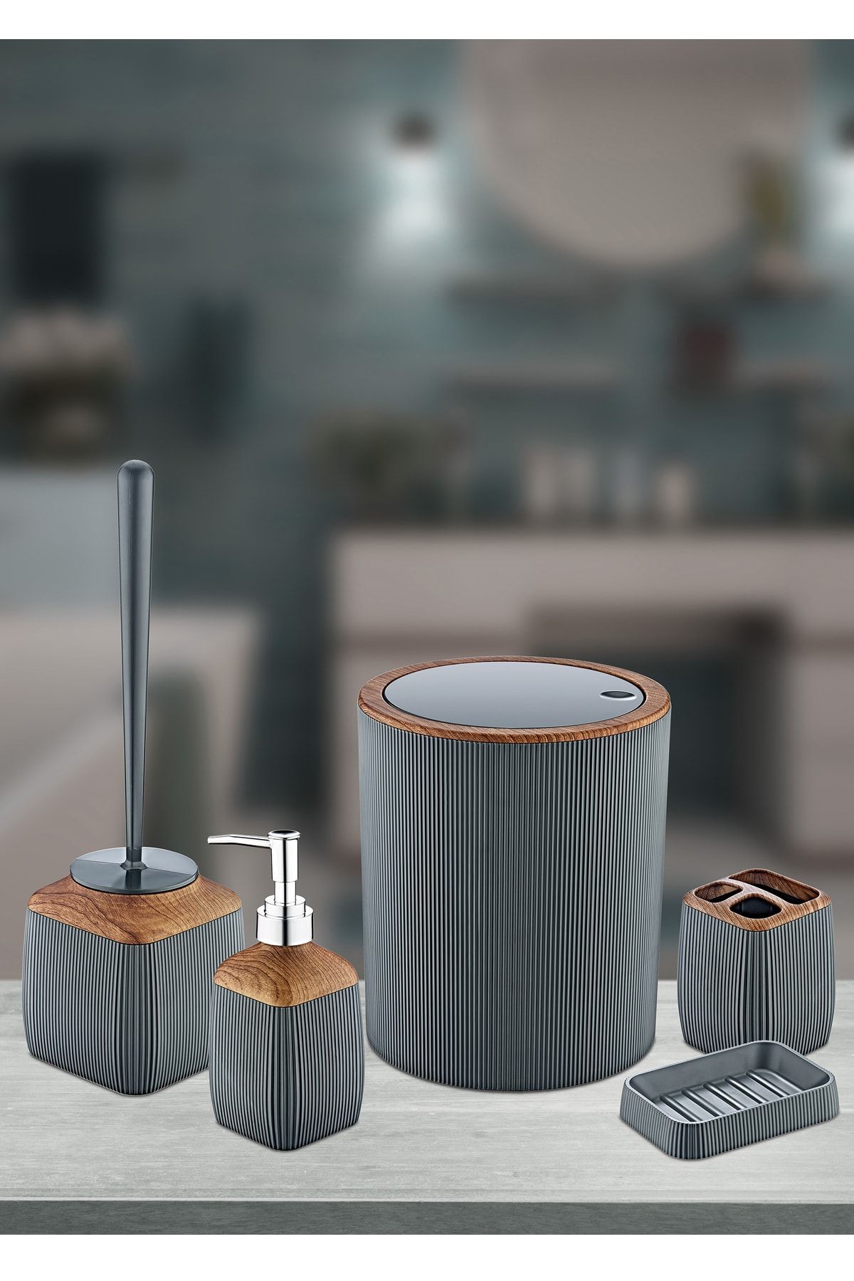 ADRESSHOME Wooden Serisi Çizgili 5'li Banyo Seti/gri