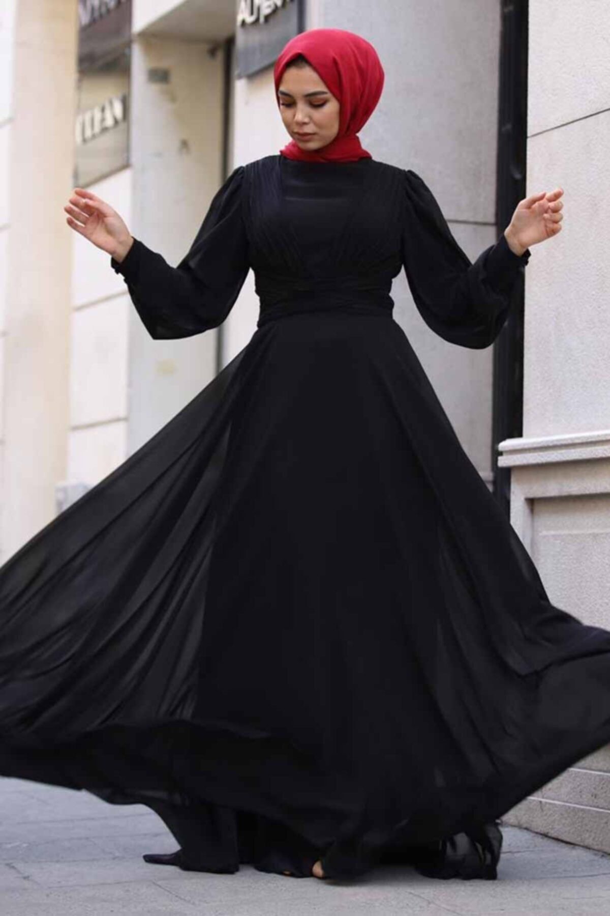 Neva Style Tesettür Abiye Elbise - Şifon Siyah Tesettür Abiye Elbise 32760s