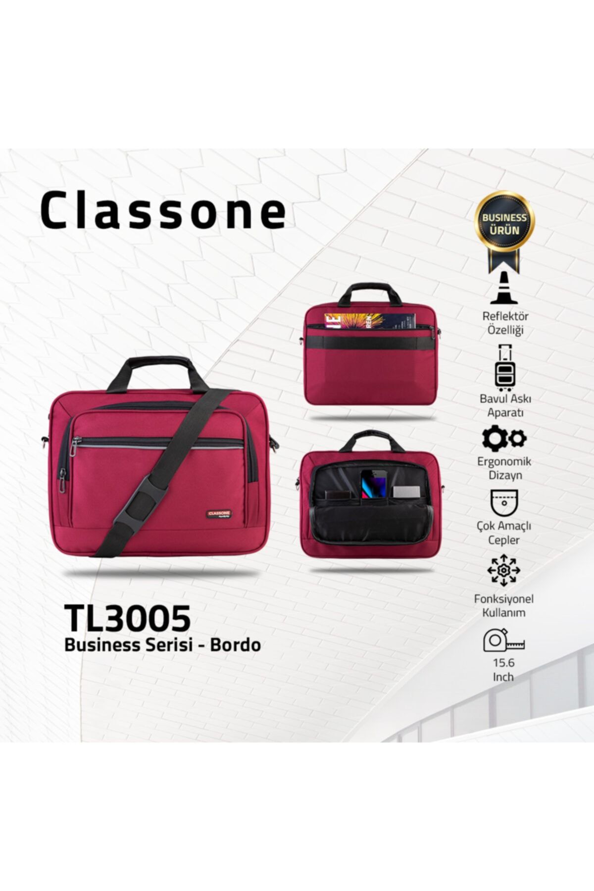 Classone Tl3005 Business Serisi 15.6 Inch Uyumlu Laptop, Notebook El Çantası -bordo