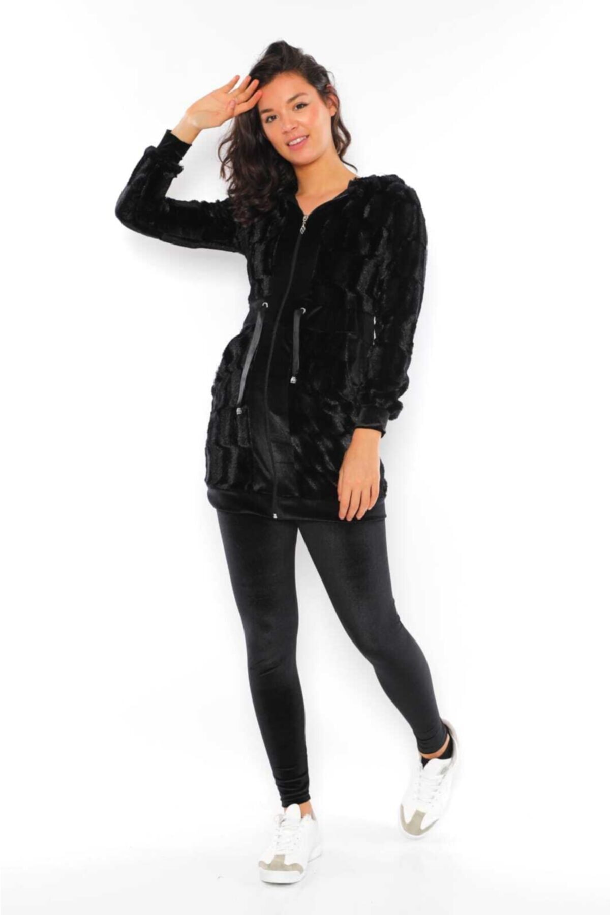 westbound Bayan Kadife Peluş Kombinli Kapüşonlu Tunik Taytlı Takım Eşofman