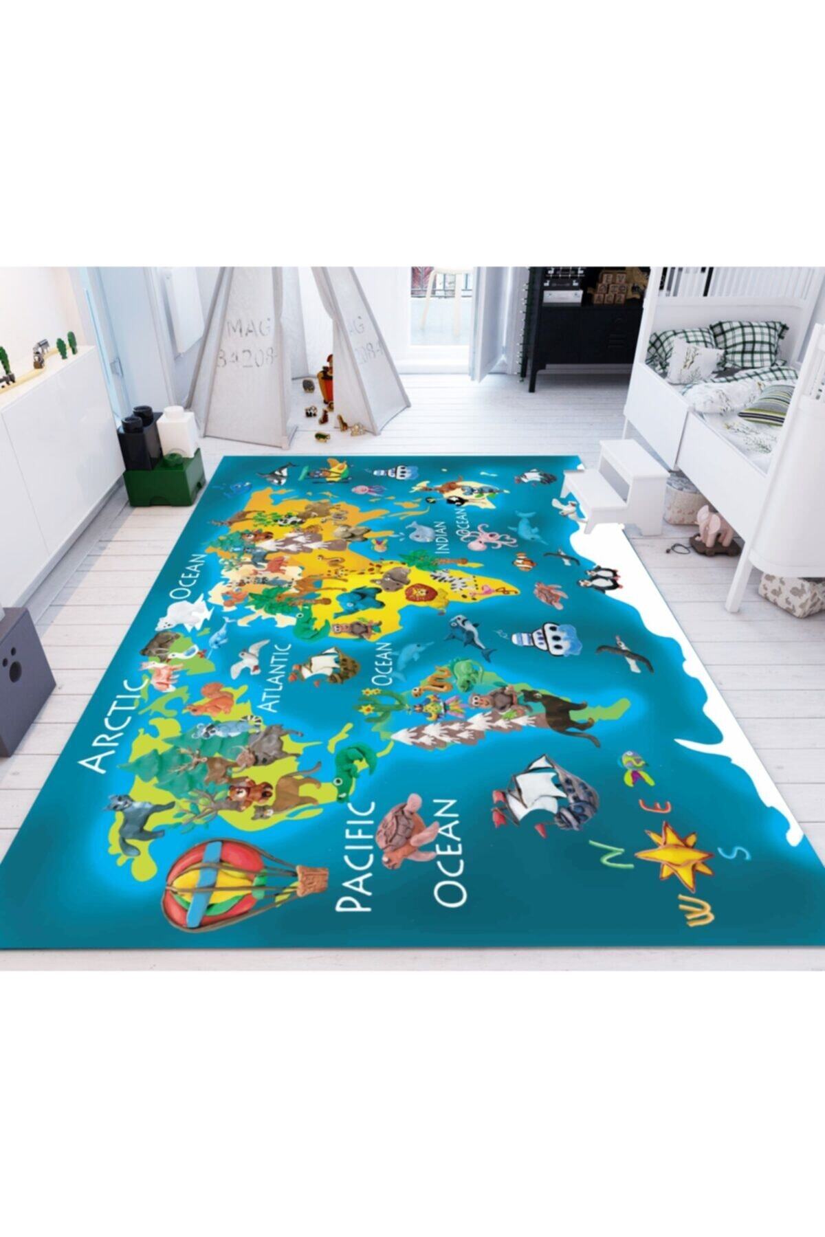 Jungle Halı Jungle Mavi Tabanlı Dünya Haritası Dijital Baskılı Çocuk Halısı