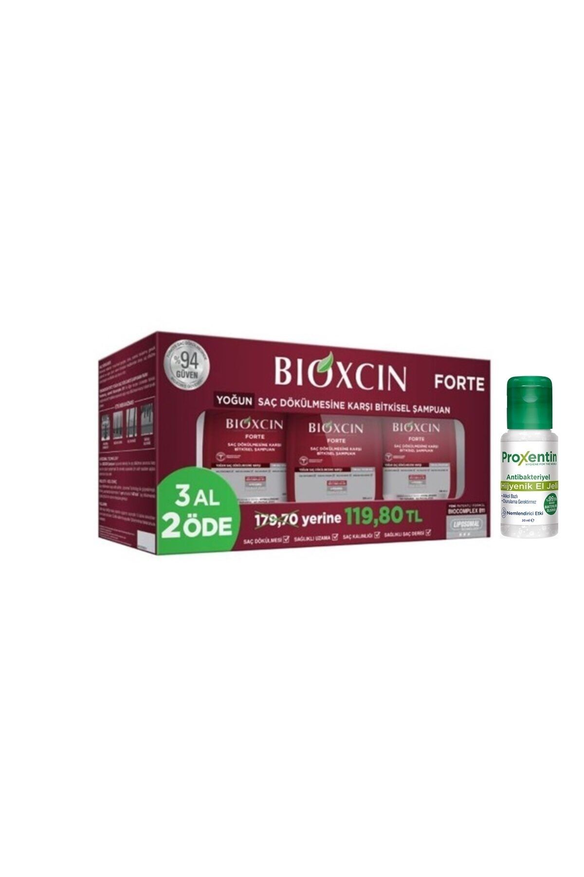 Bioxcin Forte Saç Dökülmesine Karşı Bakım Şampuanı 300 ml 3al 2öde Set + Antibakteriyel El Jeli 30ml