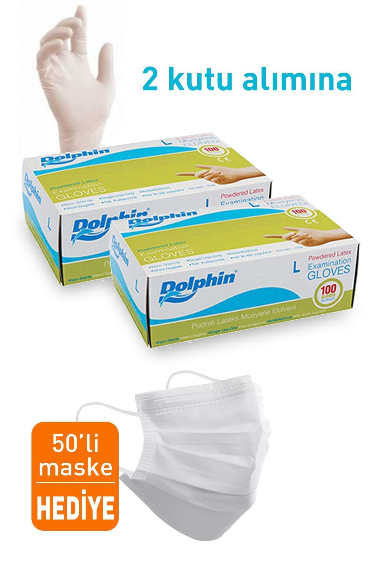 Dolphin Eldiven Latex Large (100*1) 2 Kutu+1 Kutu 50'li Maske