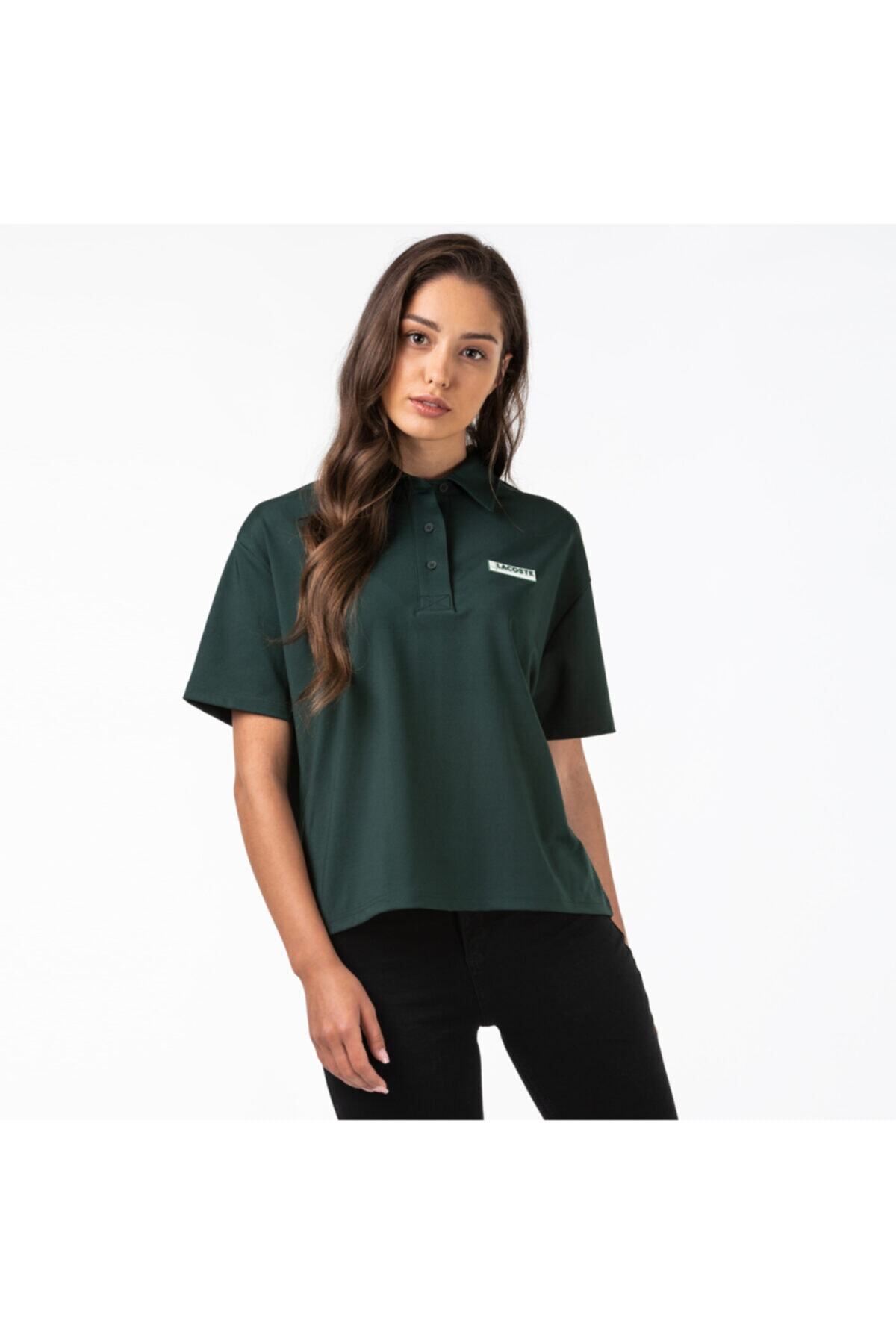 Lacoste L!ve Kadın Loose Fit Haki Polo Yaka T-Shirt