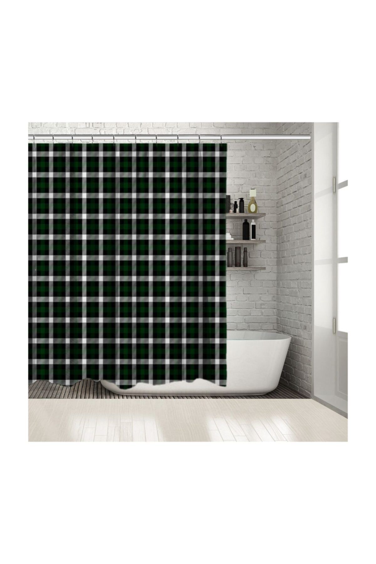 Henge Home Baskılı Duş Perde Noel Siyah Beyaz Yeşil Kare Tartan Ekose Desenli
