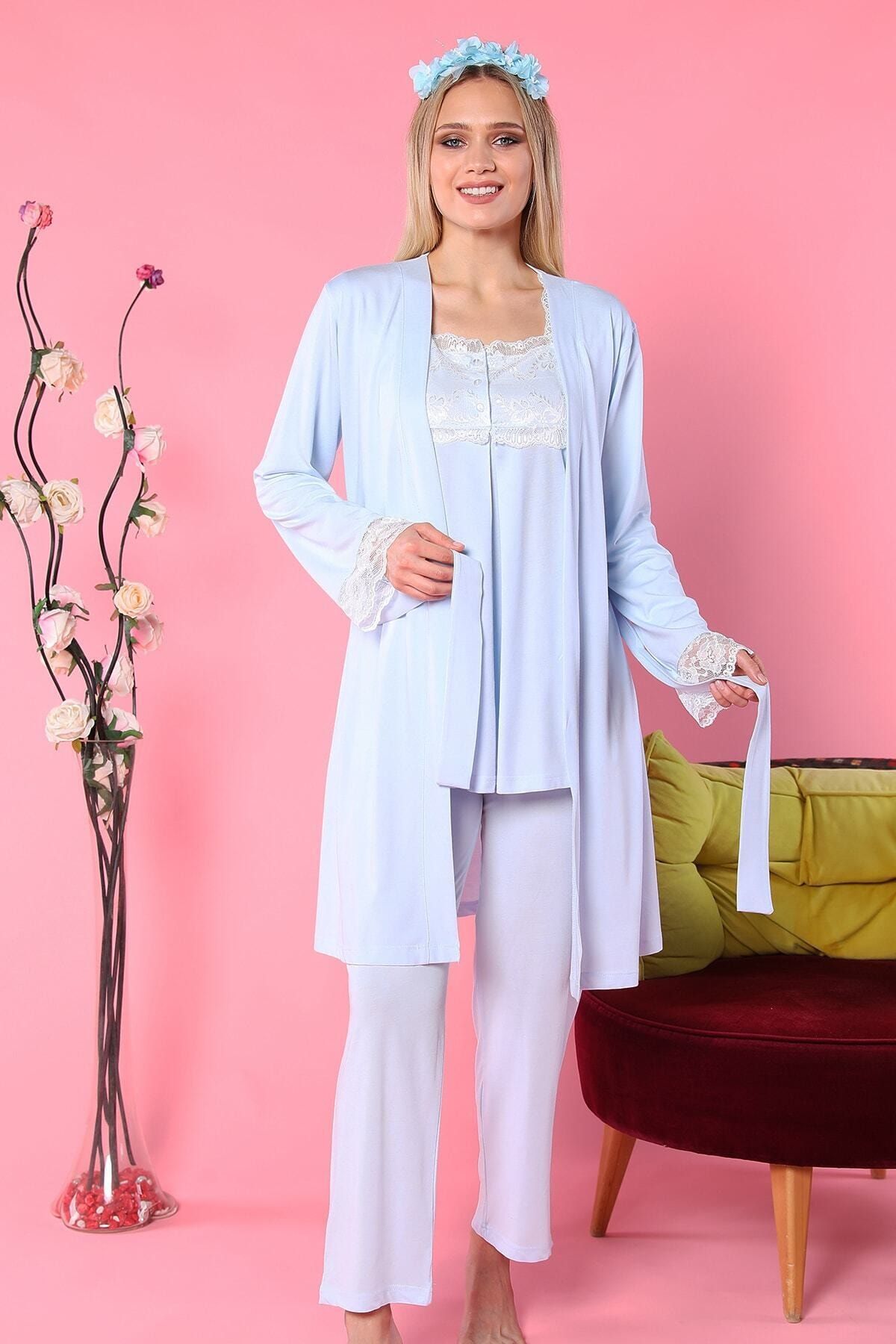 Emose Kadın Mavi Lohusa Sabahlıklı Pijama Takım