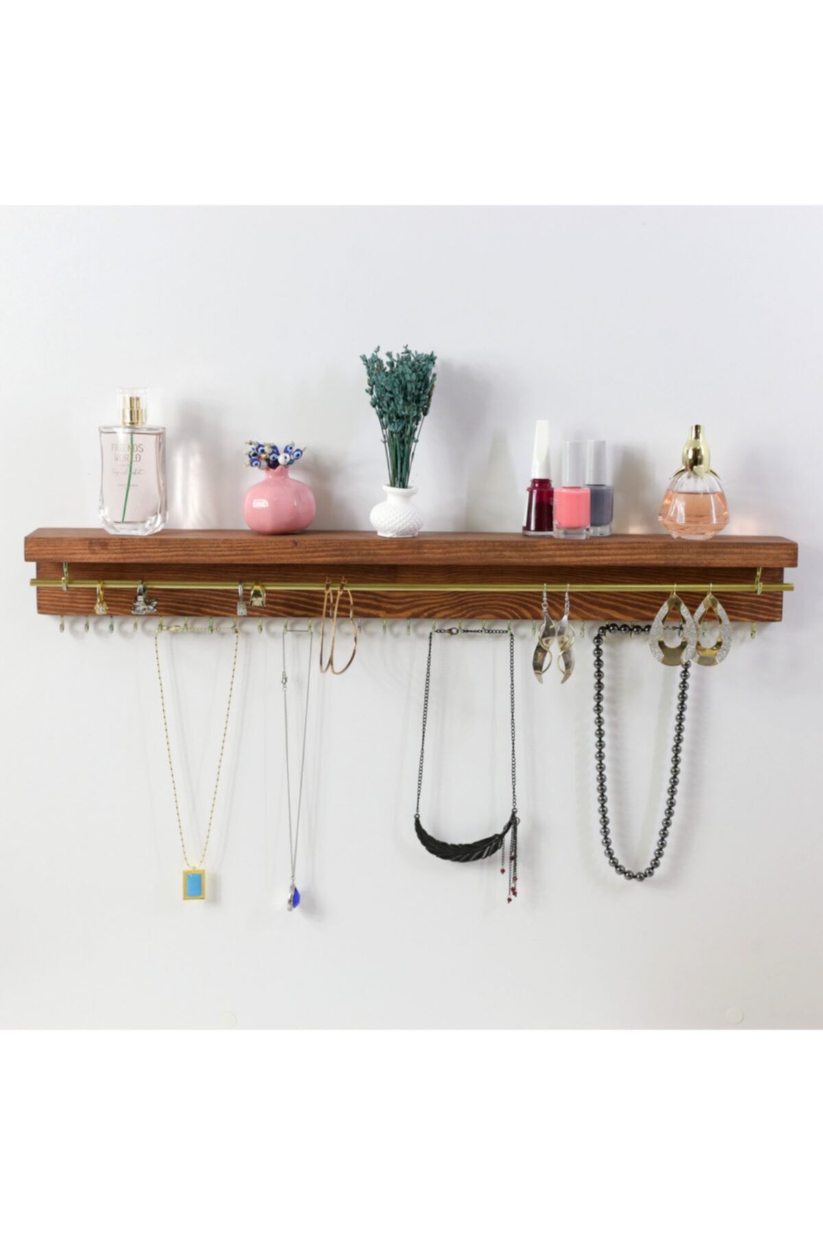 Sunbross Design Ahşap Takı Askılığı - Takı Organize Rafı - 60 Cm Raf - 29 Kanca - Takı Organizeri