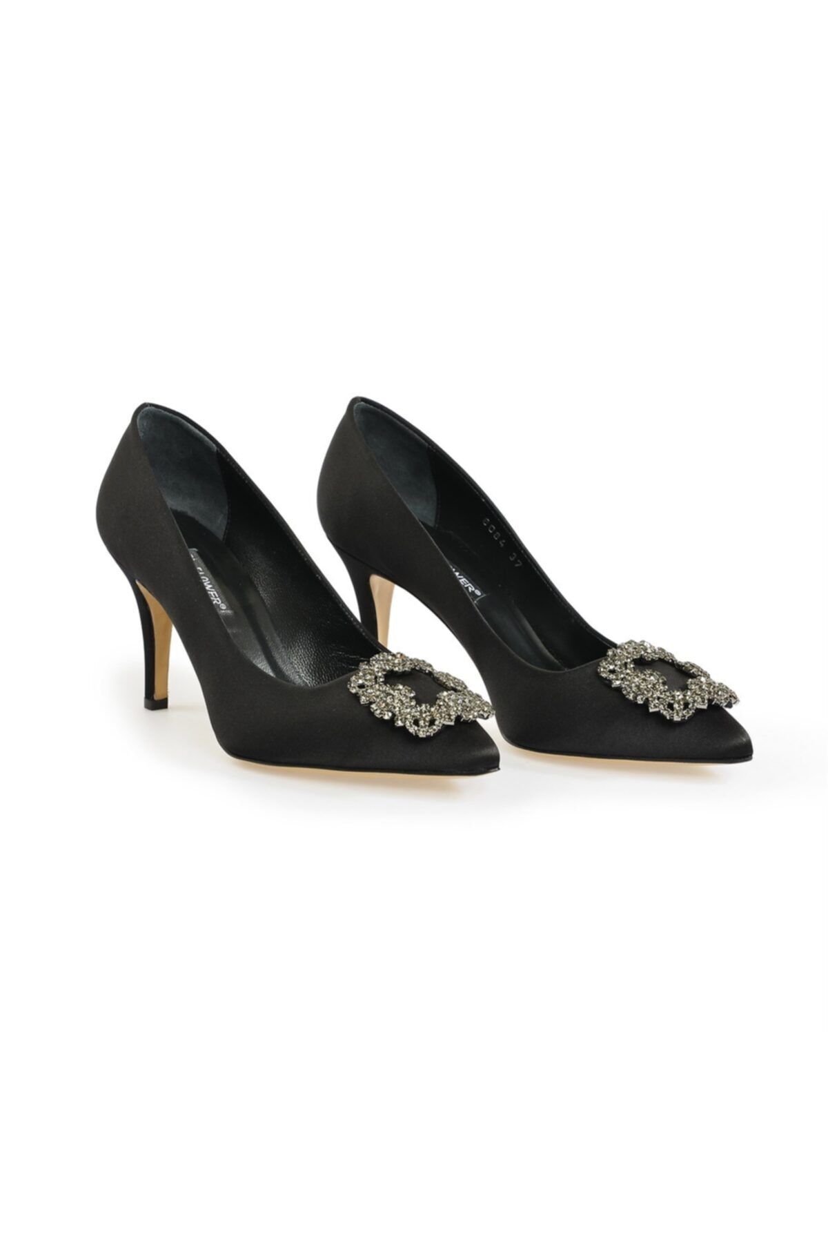 Flower Siyah Kare Tokalı Stiletto