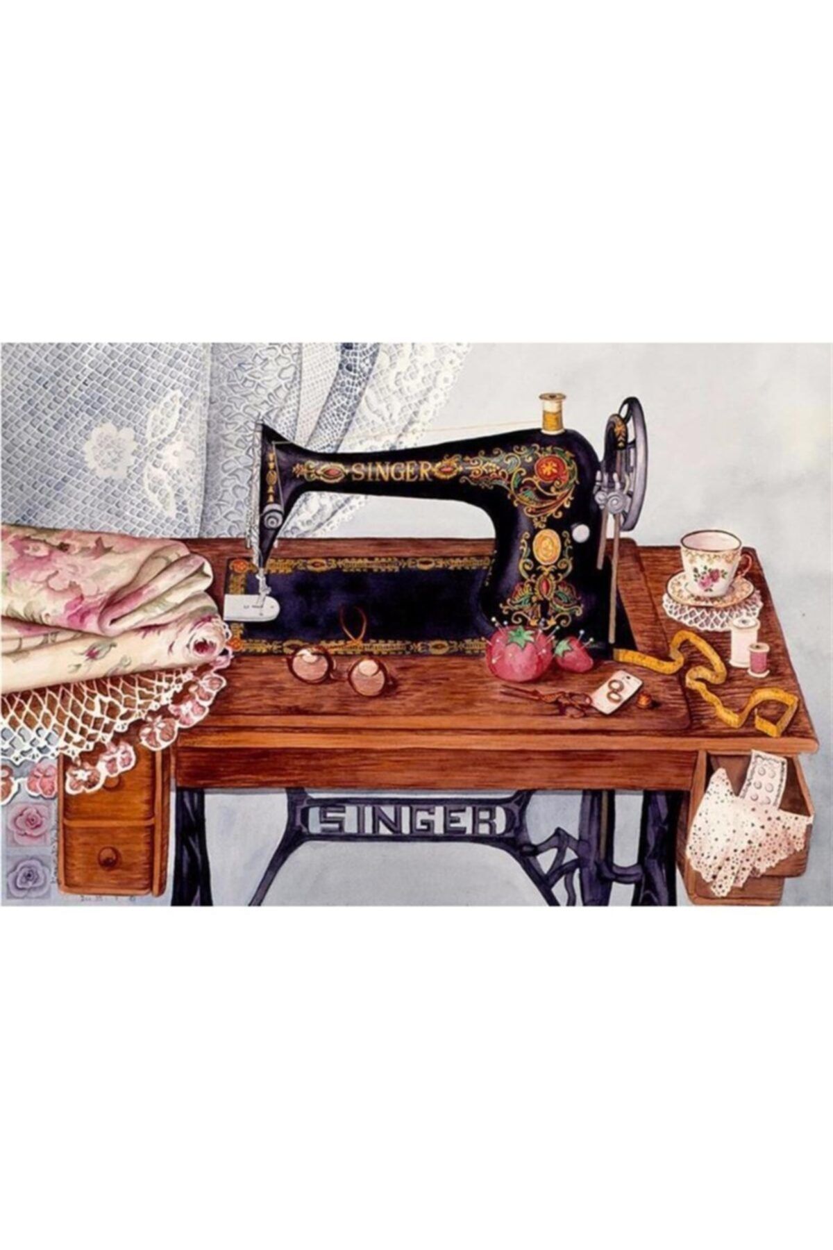 MARCEL SANAT Retro-vintage Singer Dikiş Makinesi Elmas Mozaik Tablo 60x40cm