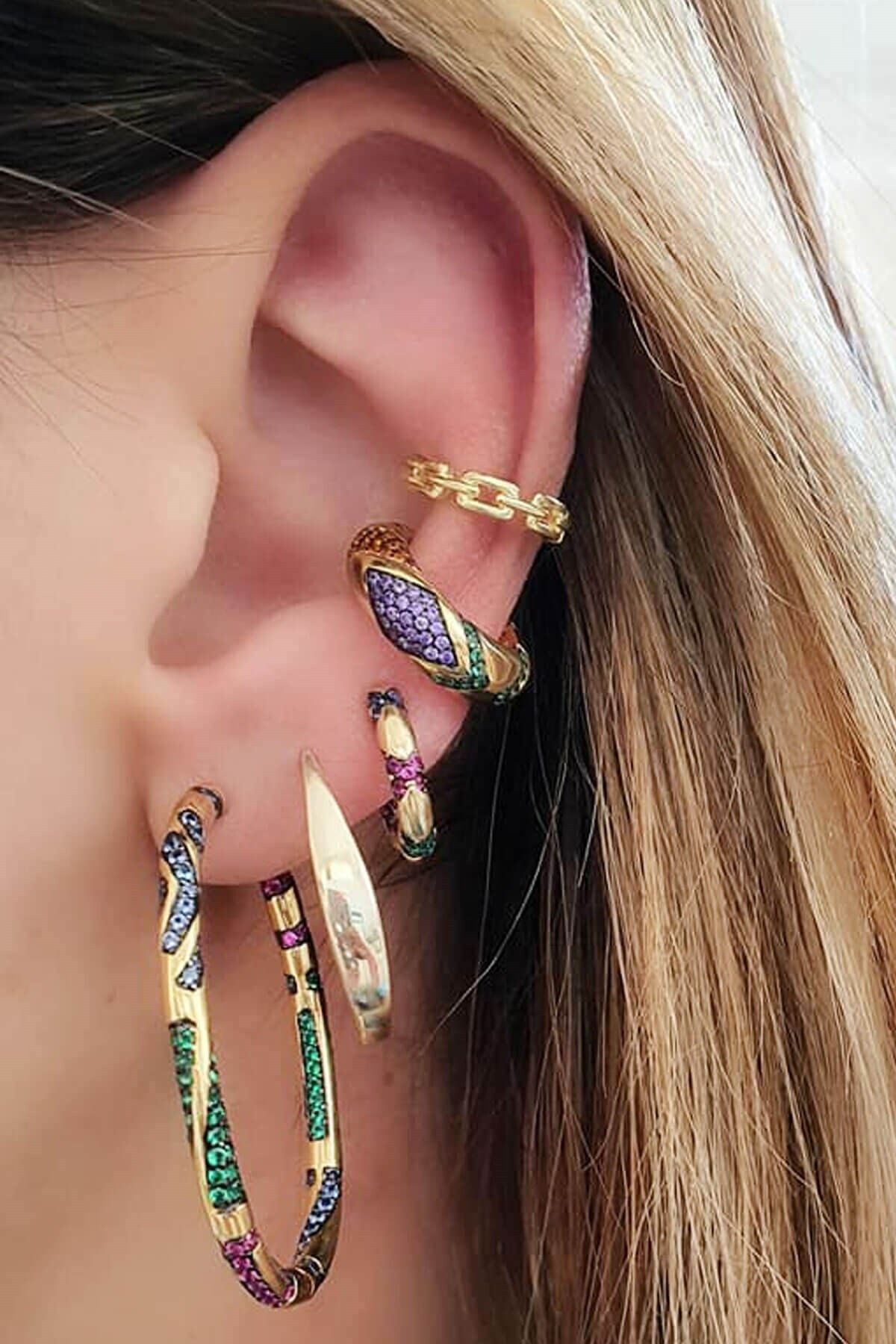 OSESHOP Renkli Zirkon Taşlı Gümüş Altın Kaplama Italyan Halka Küpe Çap 4cm