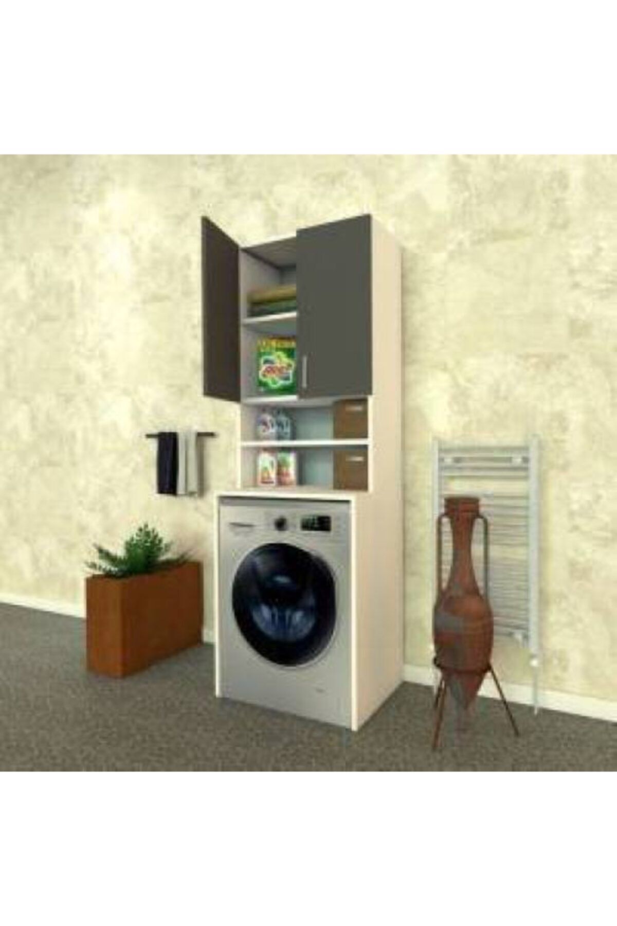 ARS GRUP MOBİLYA Banyo Dolabı Çamaşır Makinesi Dolabı Makine Korumalık Raflı Kapaklı Dolap
