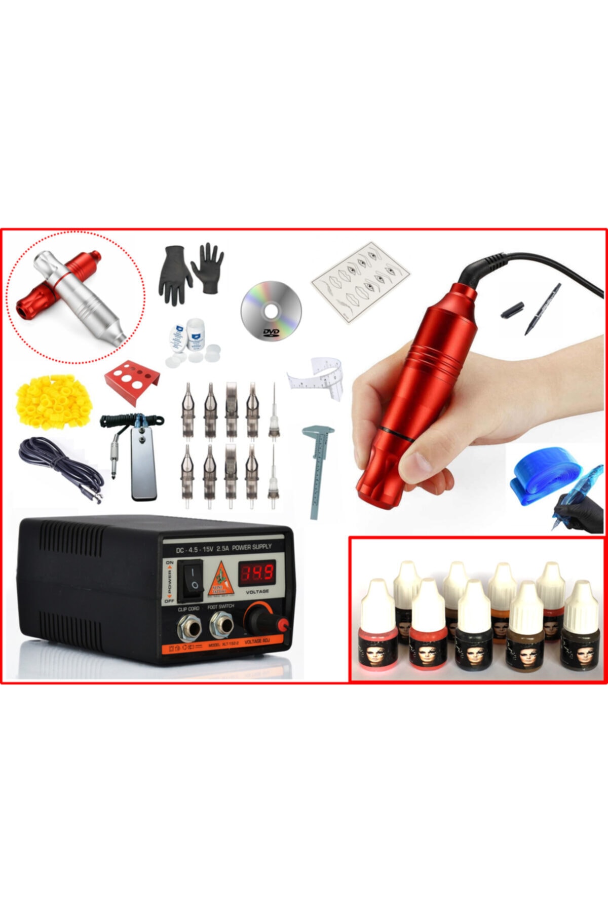 XLINETATTOO Xl-5327a Hybrıd Red Tattoo Pen Kalıcı Makyaj Makinası Seti - Mabuchı Motor