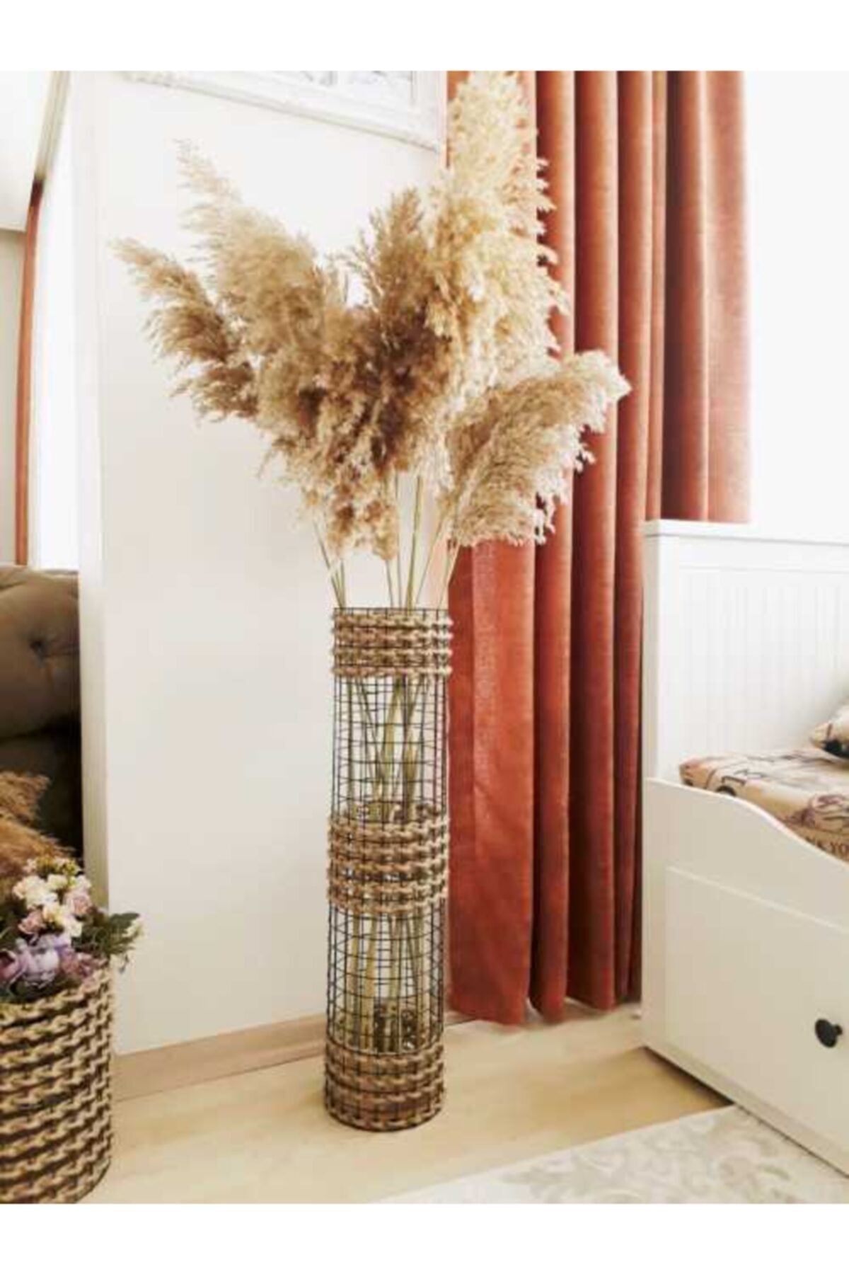 Dekopano Metal Tel Hasır Ip 3 Örgülü Dekoratif Vazo 70cm