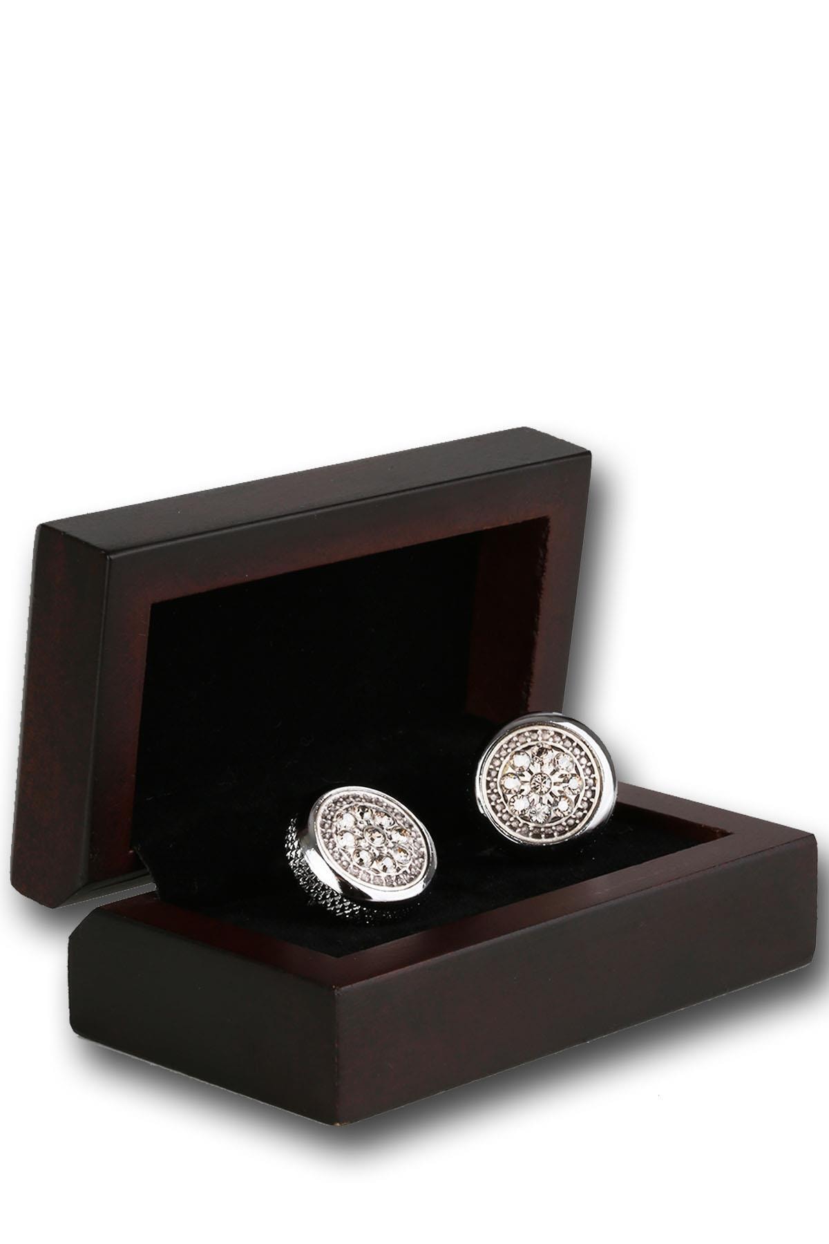 Kravatkolik Gümüş Renk Beyaz Taşlı Kol Düğmesi Kd1213