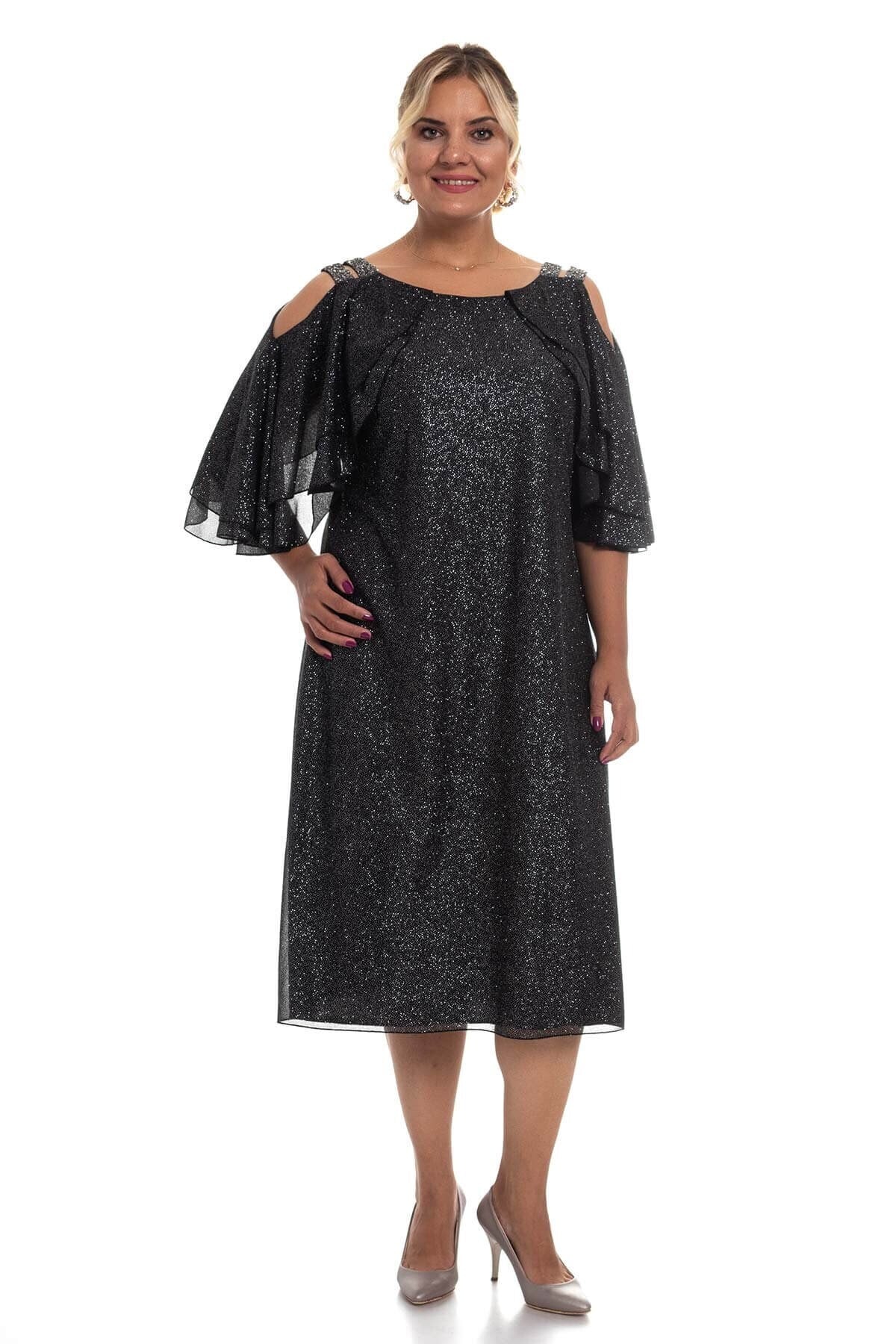 Lila 9308 Bb Kolu Katkat Omuz Taş Detay Simli Kısa Elbise