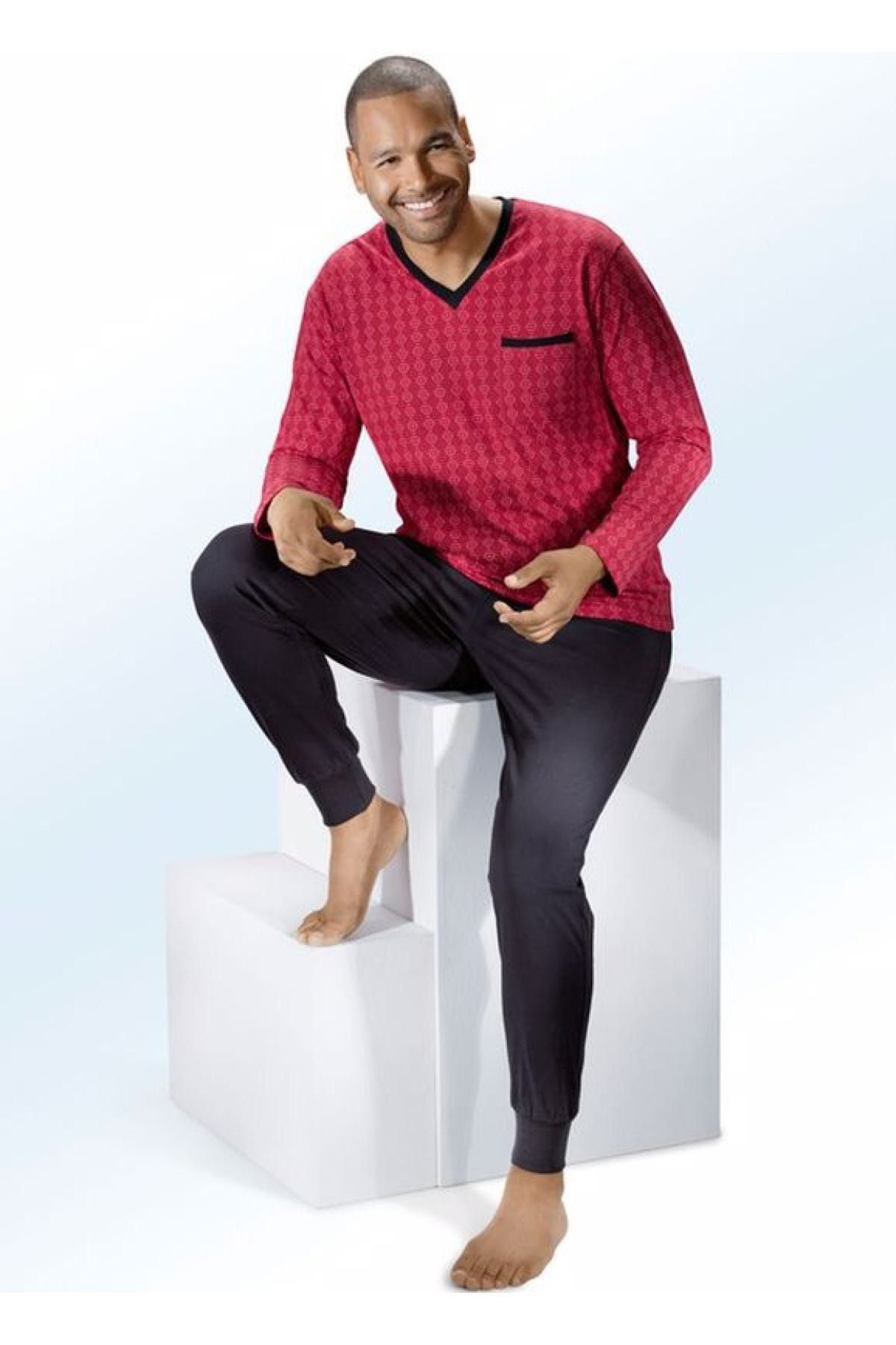 Nurteks Kırmızı-siyah Uzun Kollu Büyük Beden Pijama Takımı
