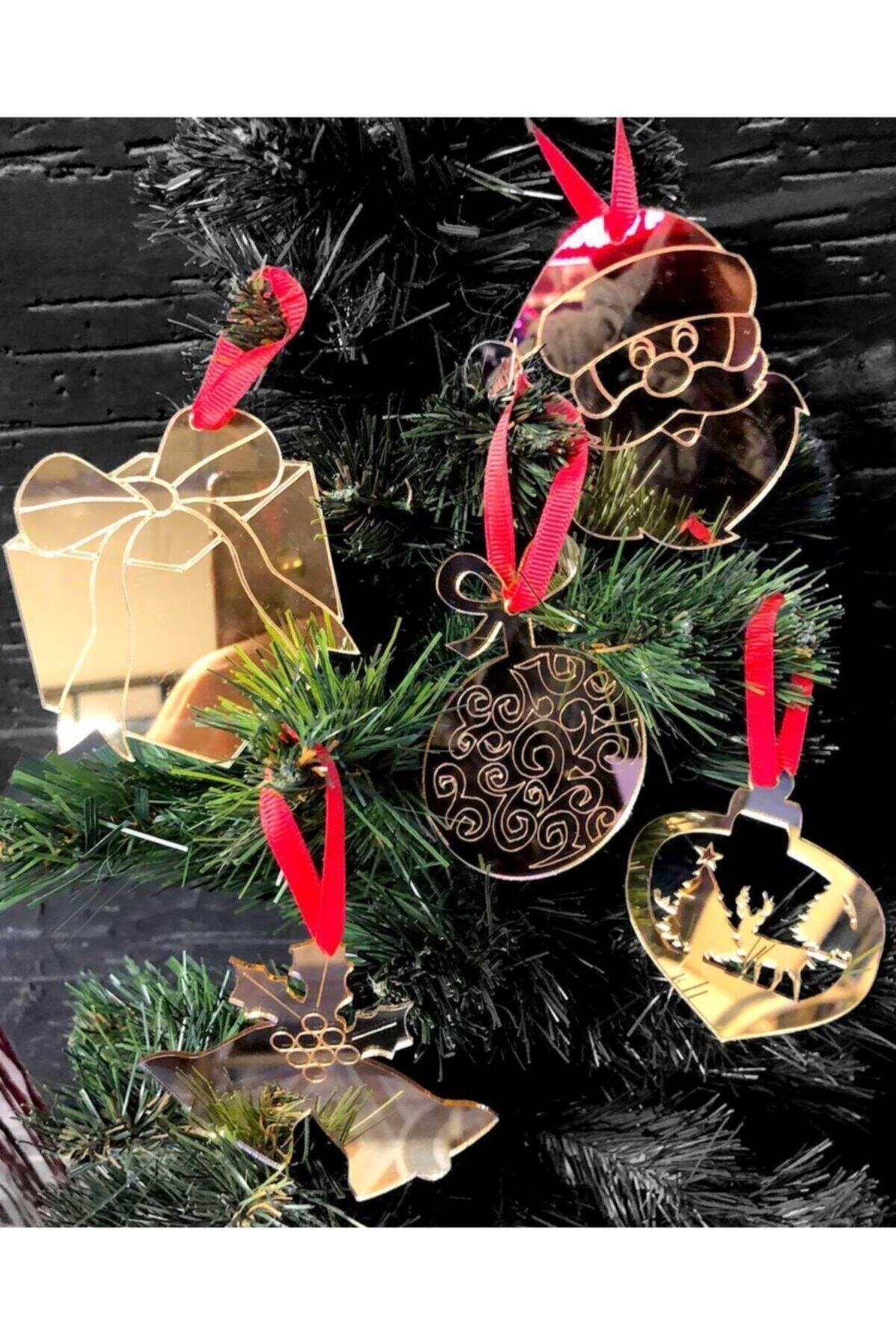 PEMBE MAVİ SÜS Yılbaşı Çam Ağacı Gold Pleksi Süsler - Yılbaşı Gold Süs- Noel Baba 10 Lu