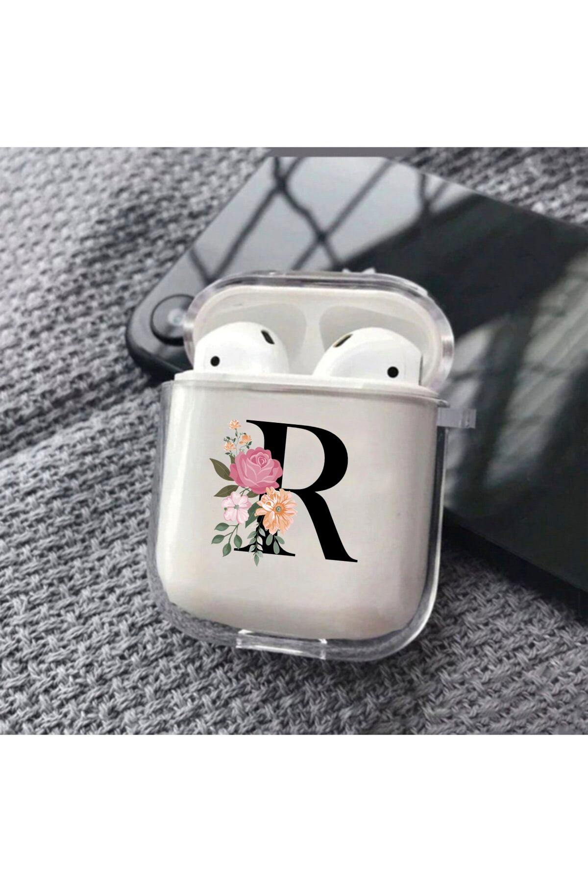 shoptocase R Harfli Premium Silikonlu Şeffaf Airpod Kılıfı