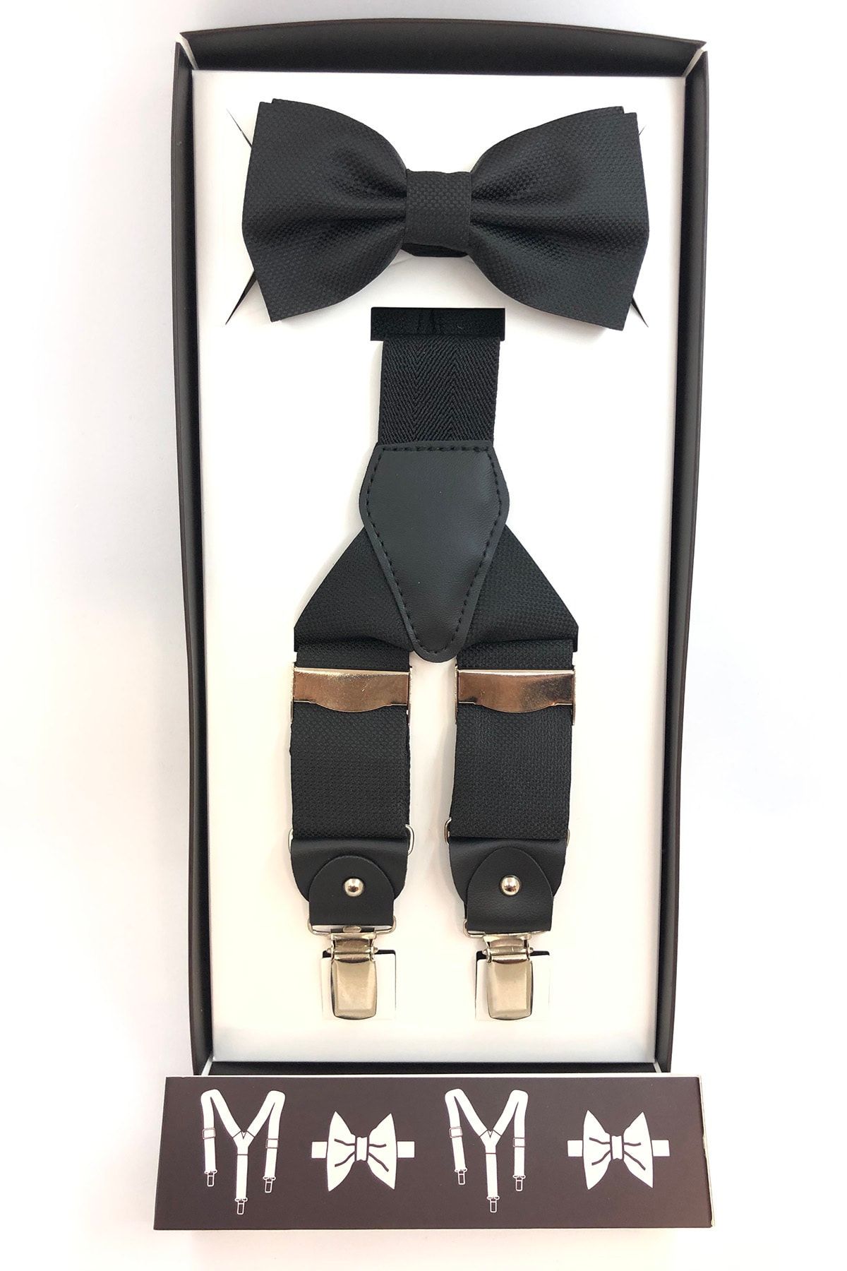 Quesste Accessory Quesste Armürlü Siyah Metal Klipsli Pantolon Askısı Ve Papyon Set