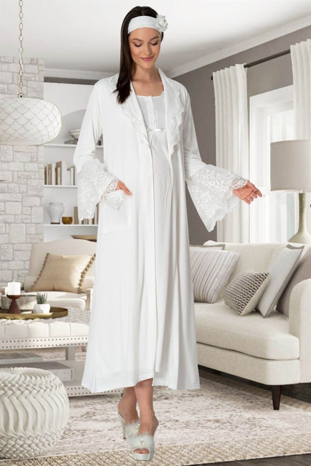 Mecit Pijama Mecit 5354 Ekru Sabahlıklı Lohusa Gecelik Takım
