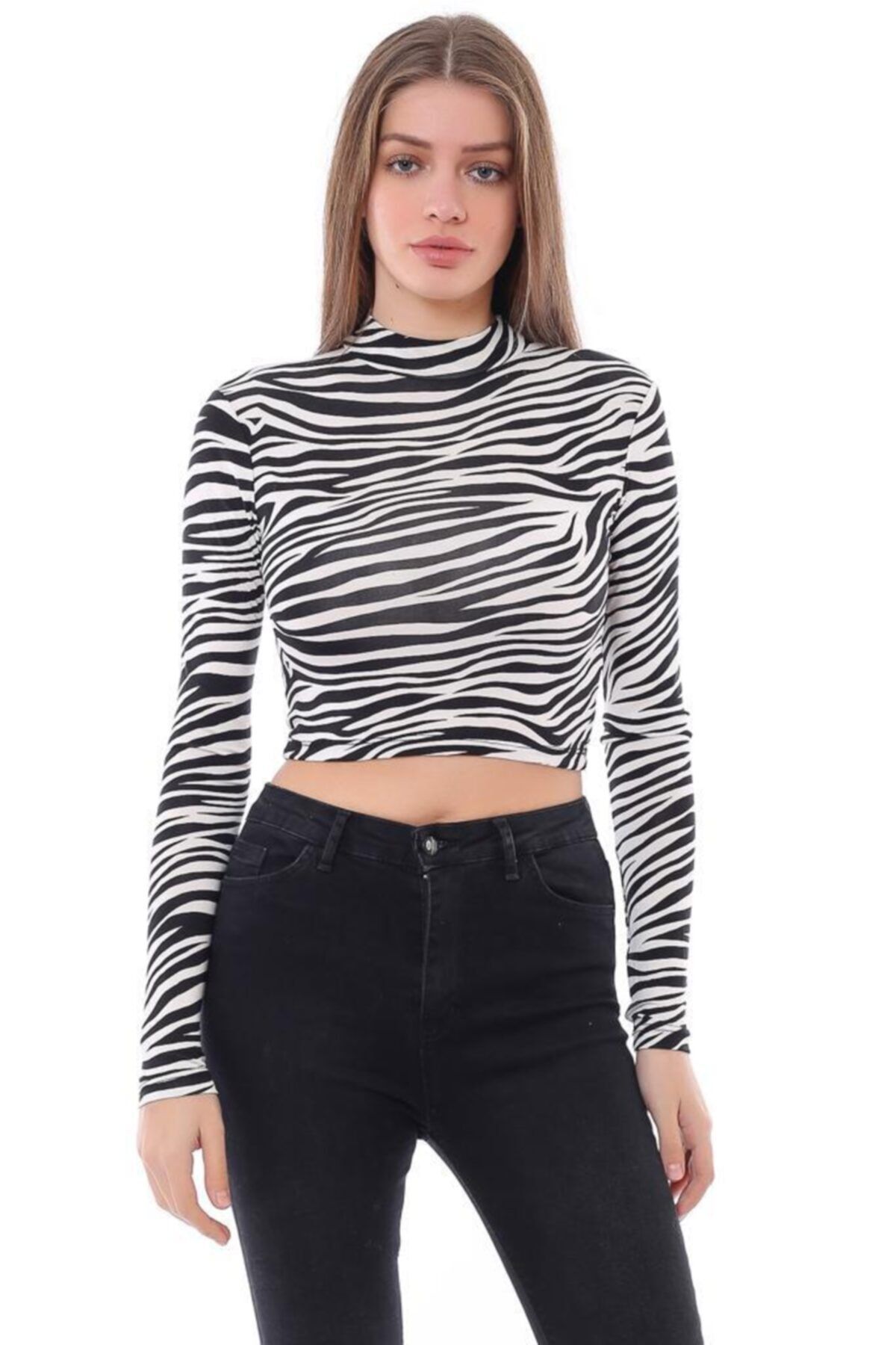 misismoda Misis Moda Dik Yaka Zebra Baskılı Crop Top