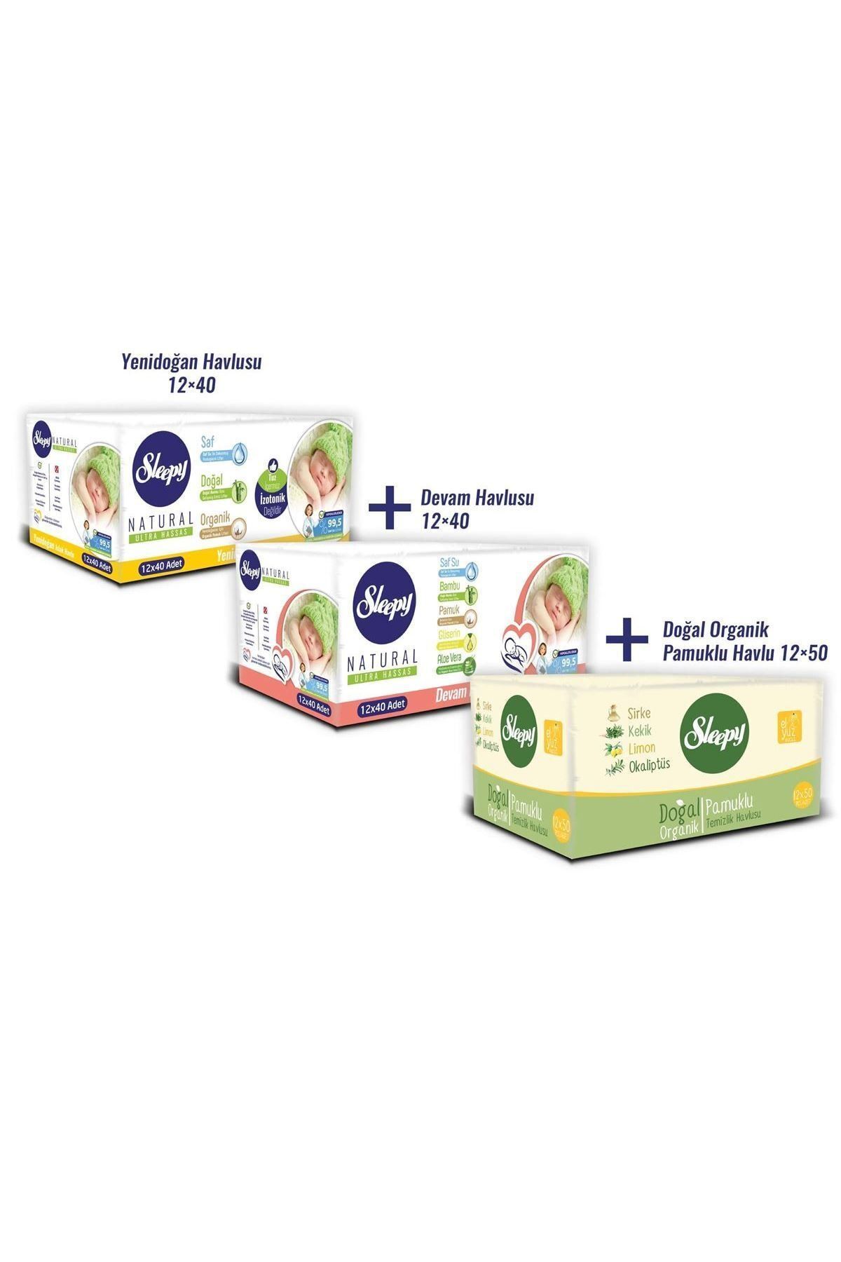 Sleepy Islak Havlu Fırsat Paketi 12 Pk Yenidoğan+ 12 Pk Devam Havlusu +12 Pk Doğal Organik Pamuklu