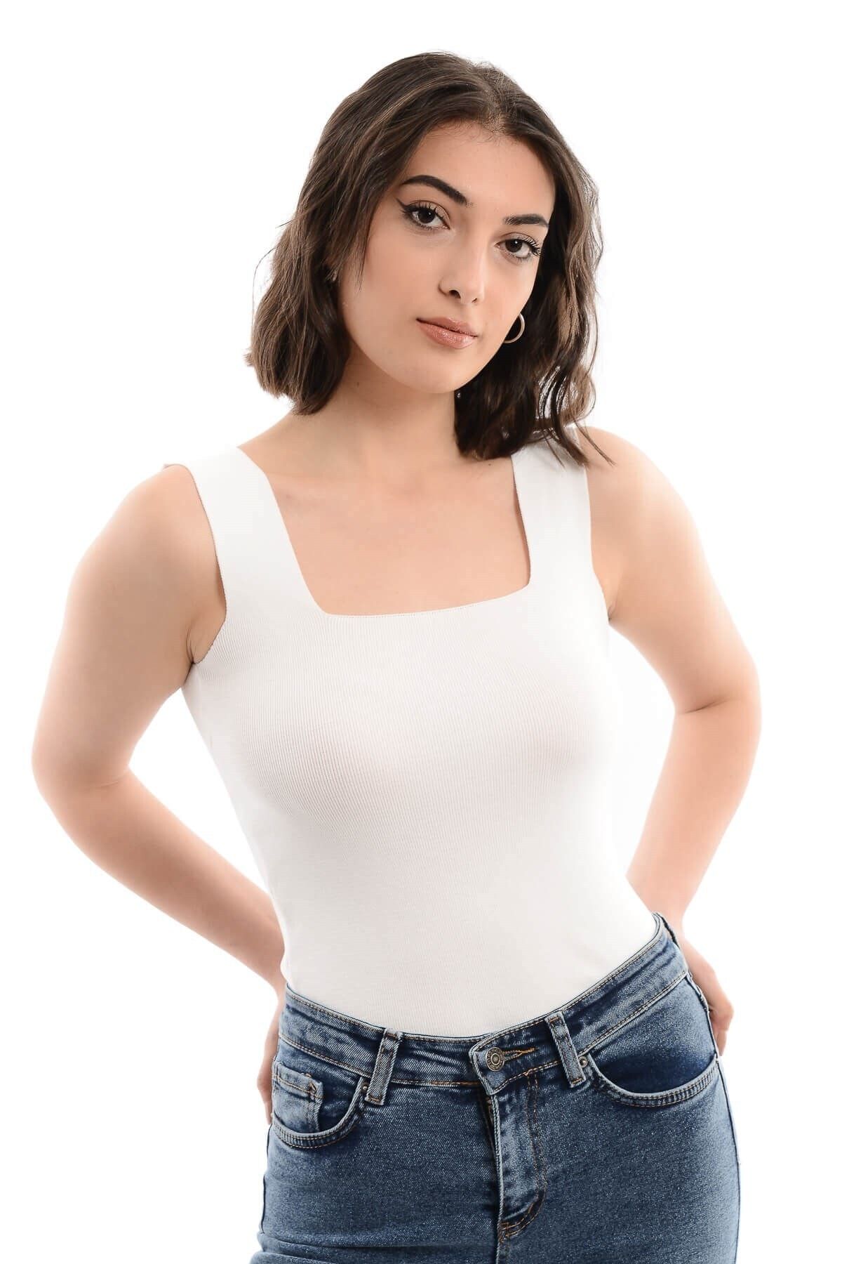 DressFine Uzun Kare Yaka Triko Atlet / 5642 Ekru