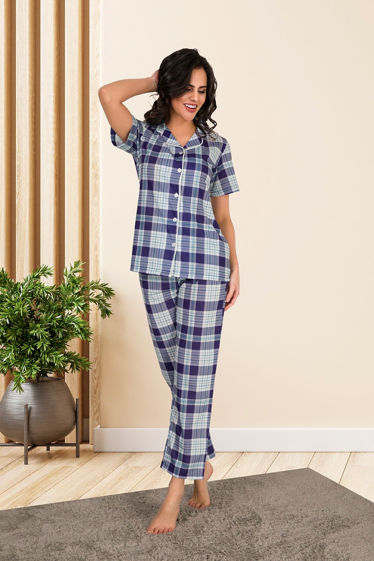 MyBen Women's Plaid Patterned Short Sleeve Buttoned Pajama Set