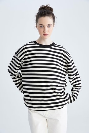 DeFacto Fit Regular Fit Bisiklet Yaka &Ccedil;izgili Uzun Kollu Tiş&ouml;rt