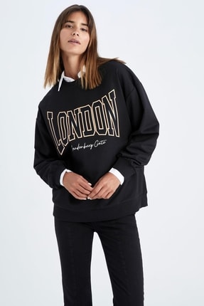 DeFacto Oversize Fit Bisiklet Yaka Slogan Baskılı Sweatshirt