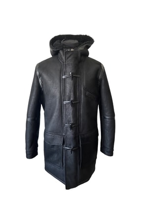 Locker - Hakiki Kuzu Kürkü Siyah Kapüşonlu Erkek Kaban Image 0