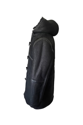 Locker - Hakiki Kuzu Kürkü Siyah Kapüşonlu Erkek Kaban Image 1