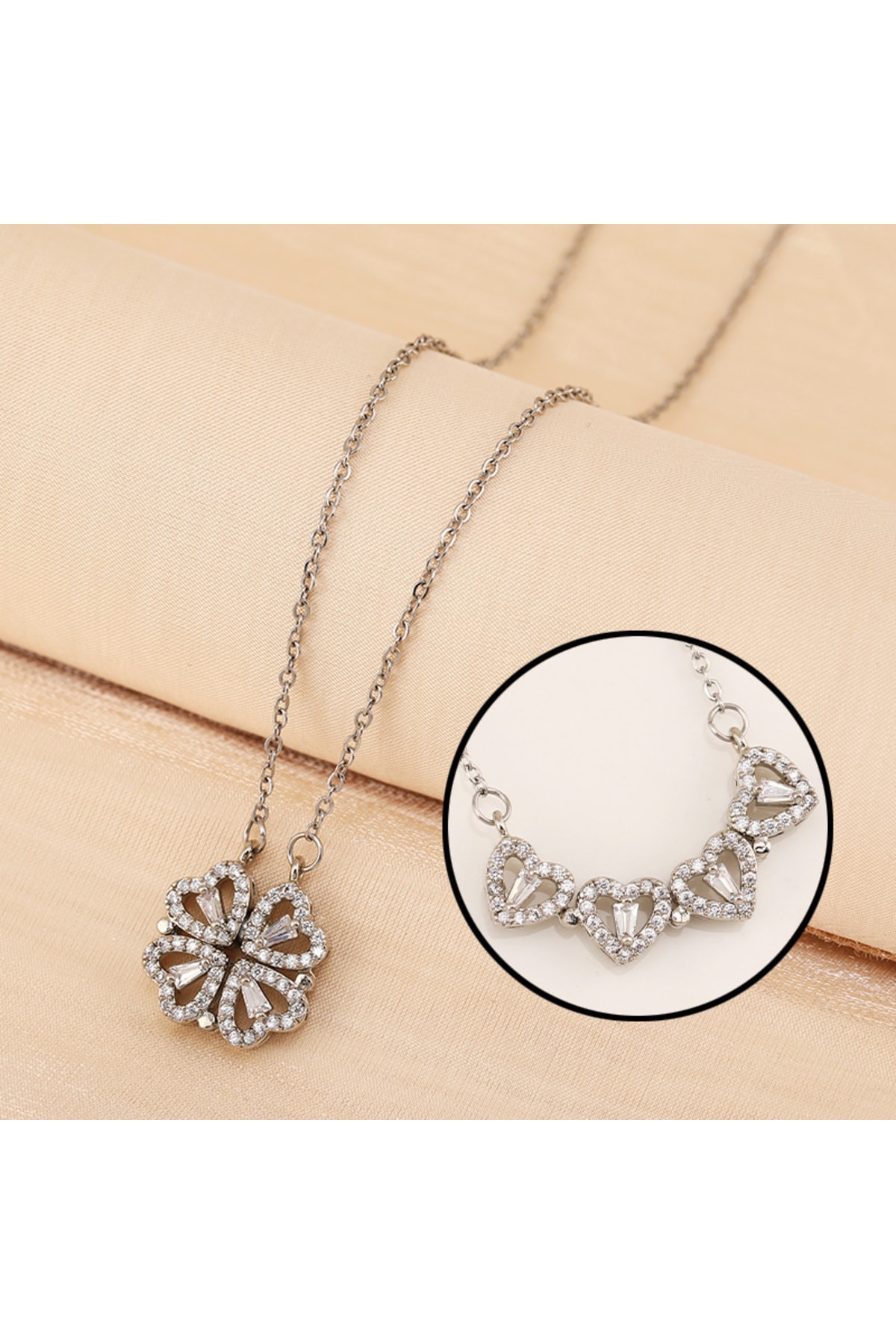 گردنبند شبدر آهنربایی تاشو چندقلبی سنگ زیرکن استیل