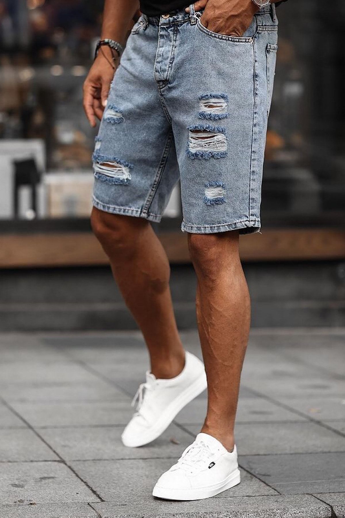 NO61 MAN Boyfriend Comfortable Ripped Pattern Denim Capri Shorts