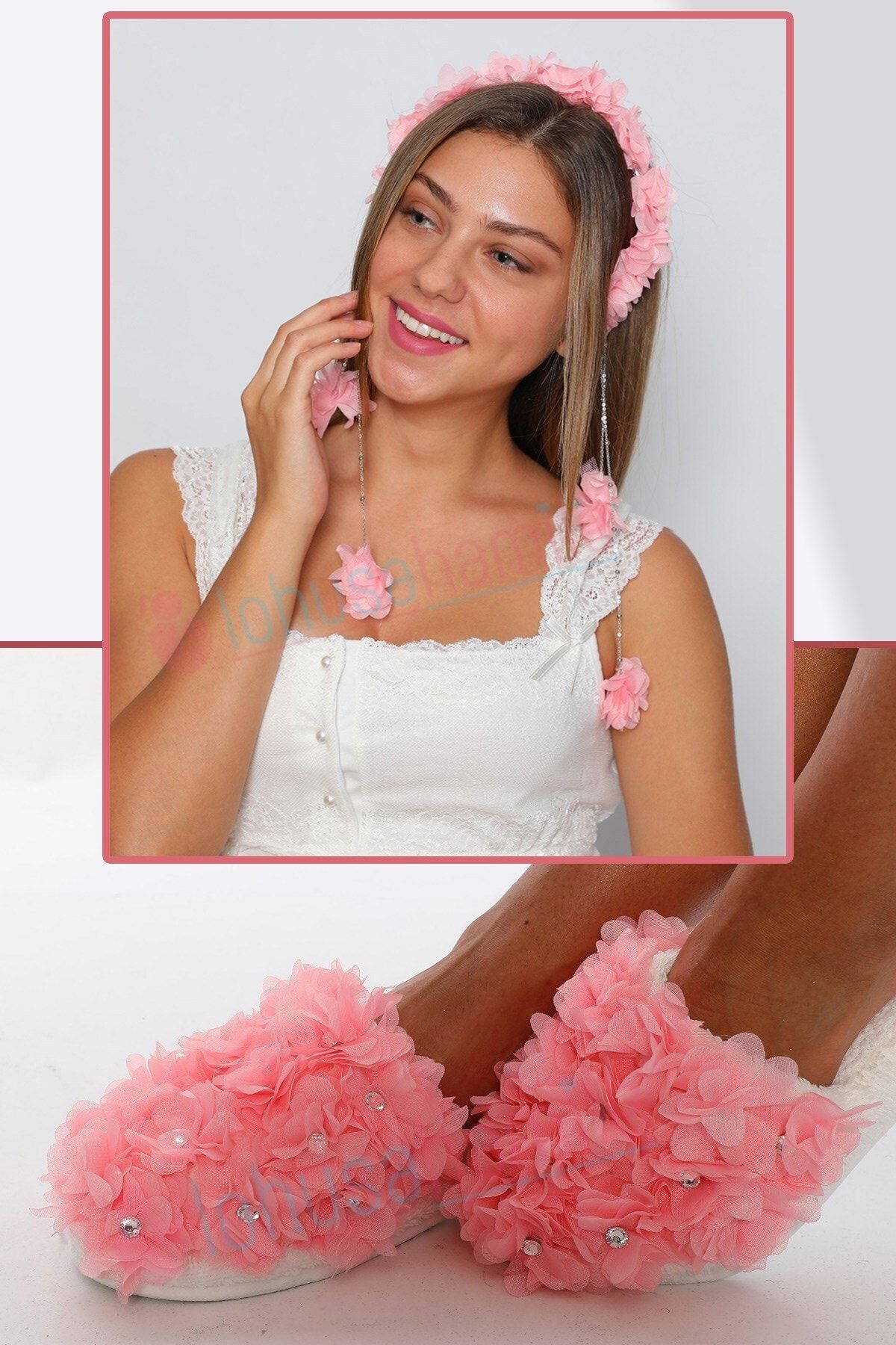 lohusahamile Lh23211 Pembe Sarkan Tac Ve Beylem Lohusa Terlik Seti